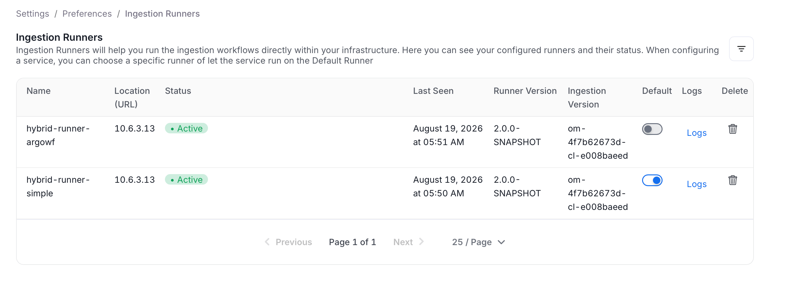 Ingestion Runner List