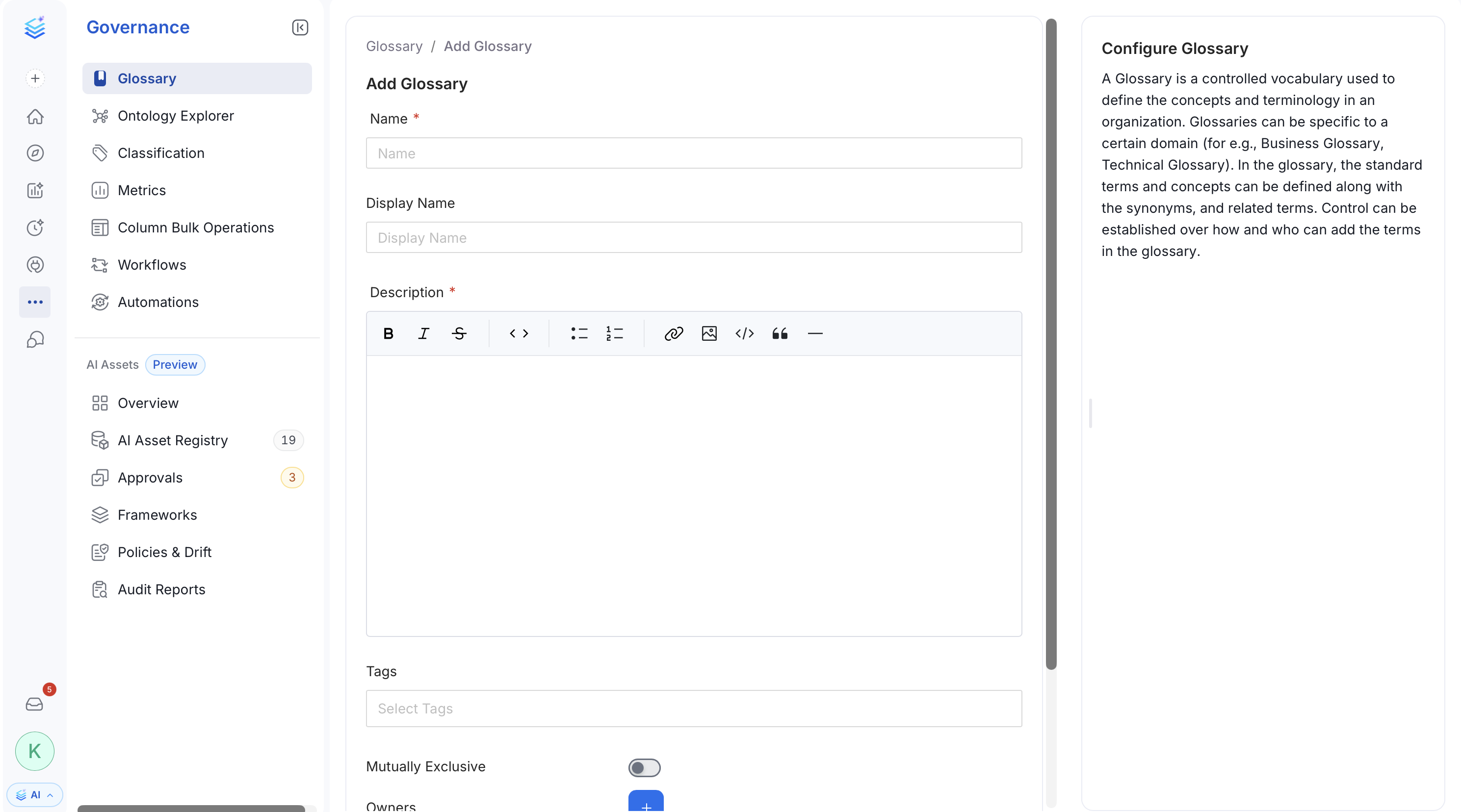 Configure the Glossary