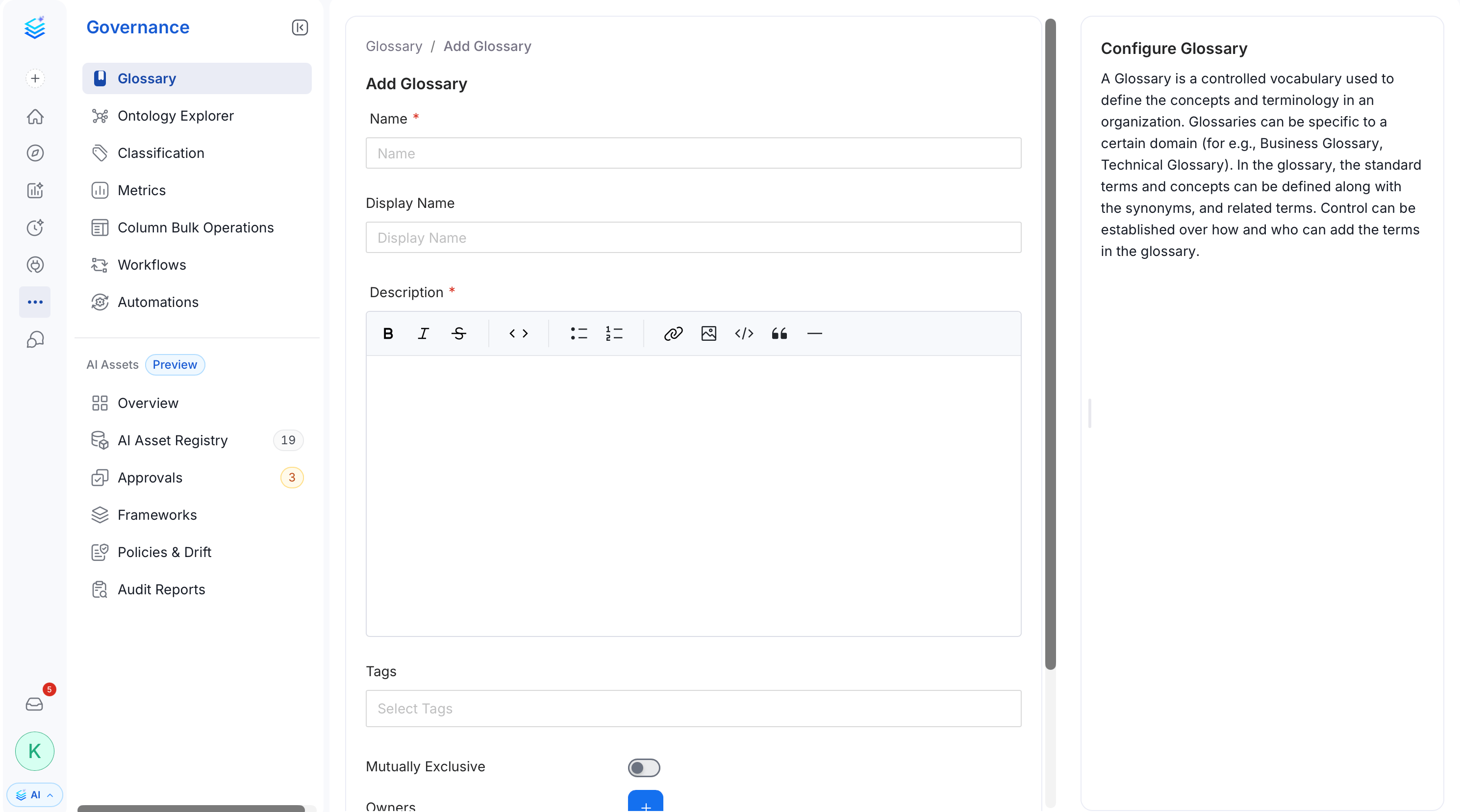 Configure the Glossary