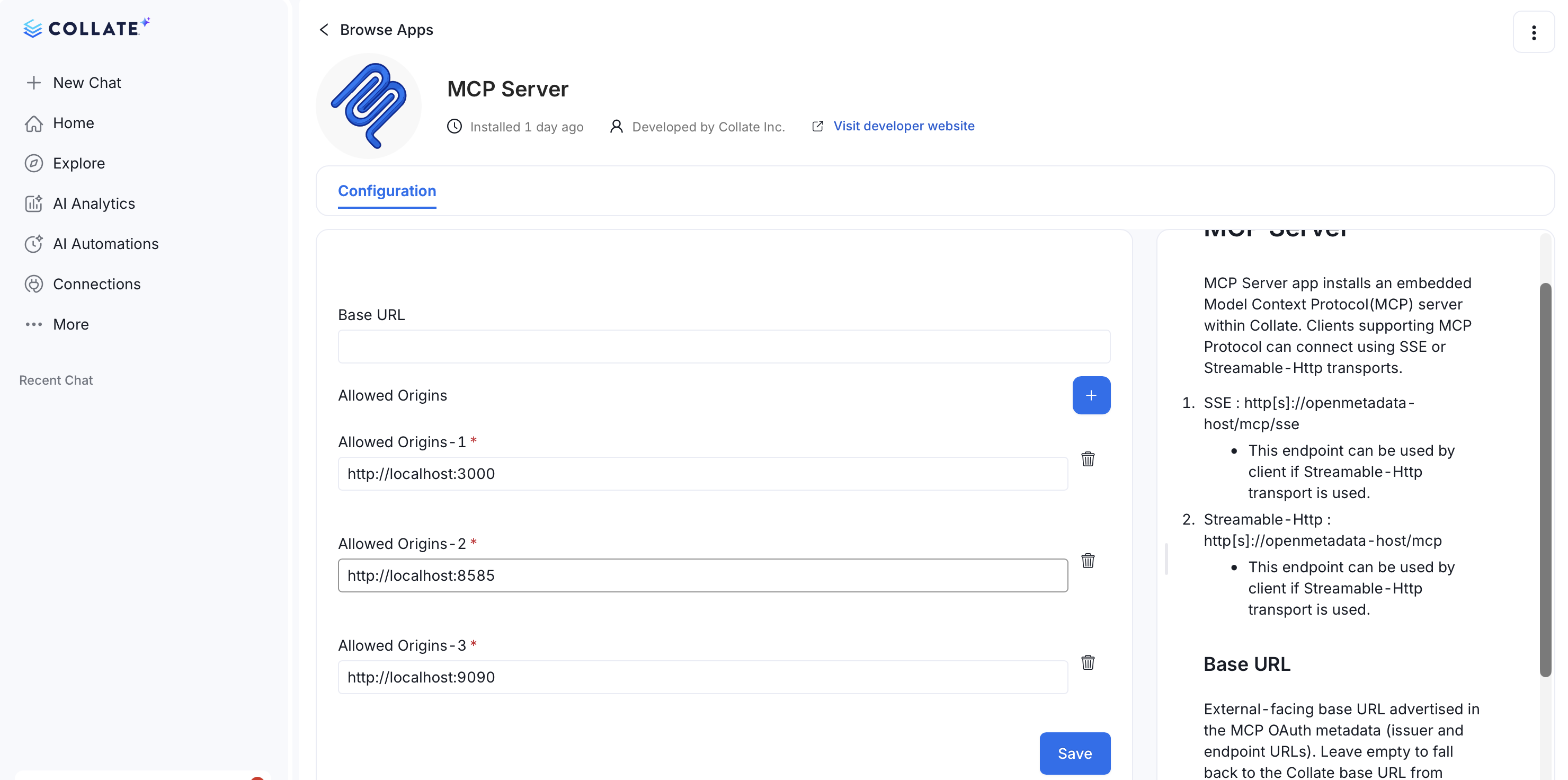 Allowed Origins configuration for the MCP Server application