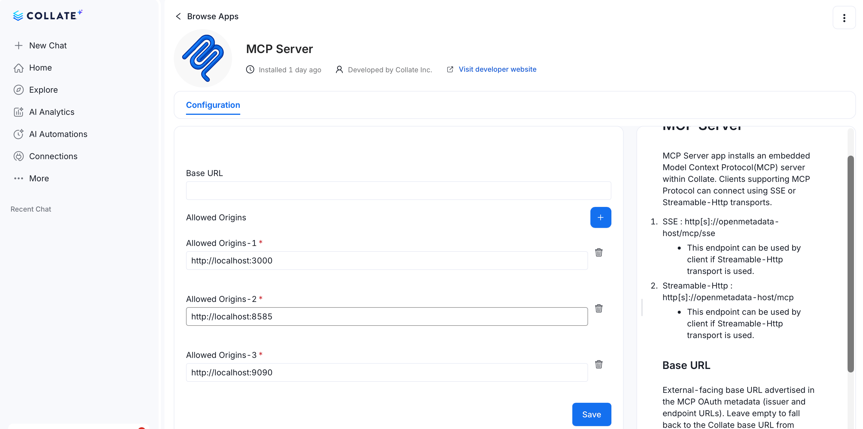 Allowed Origins configuration for the MCP Server application