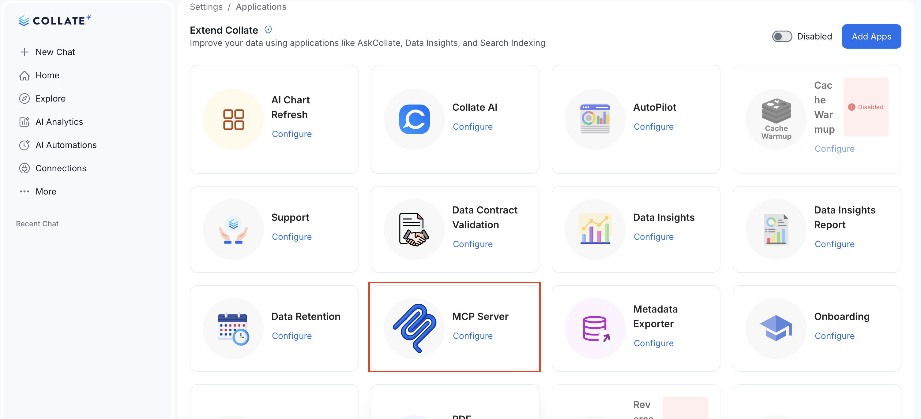 MCP Server application in Settings > Applications