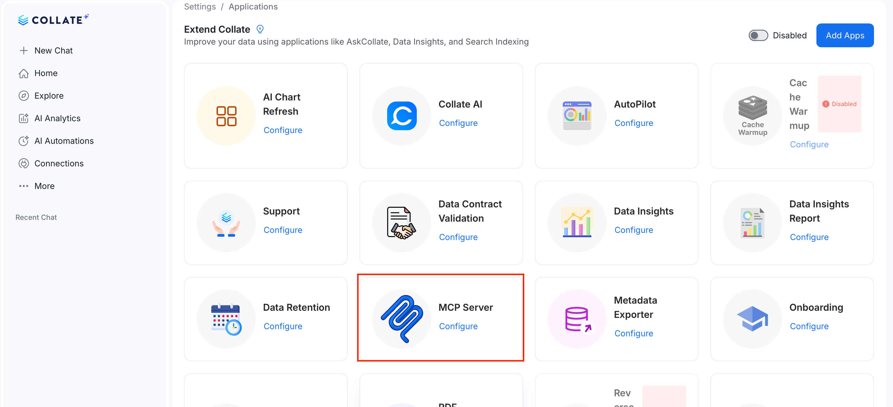 MCP Server application in Settings > Applications