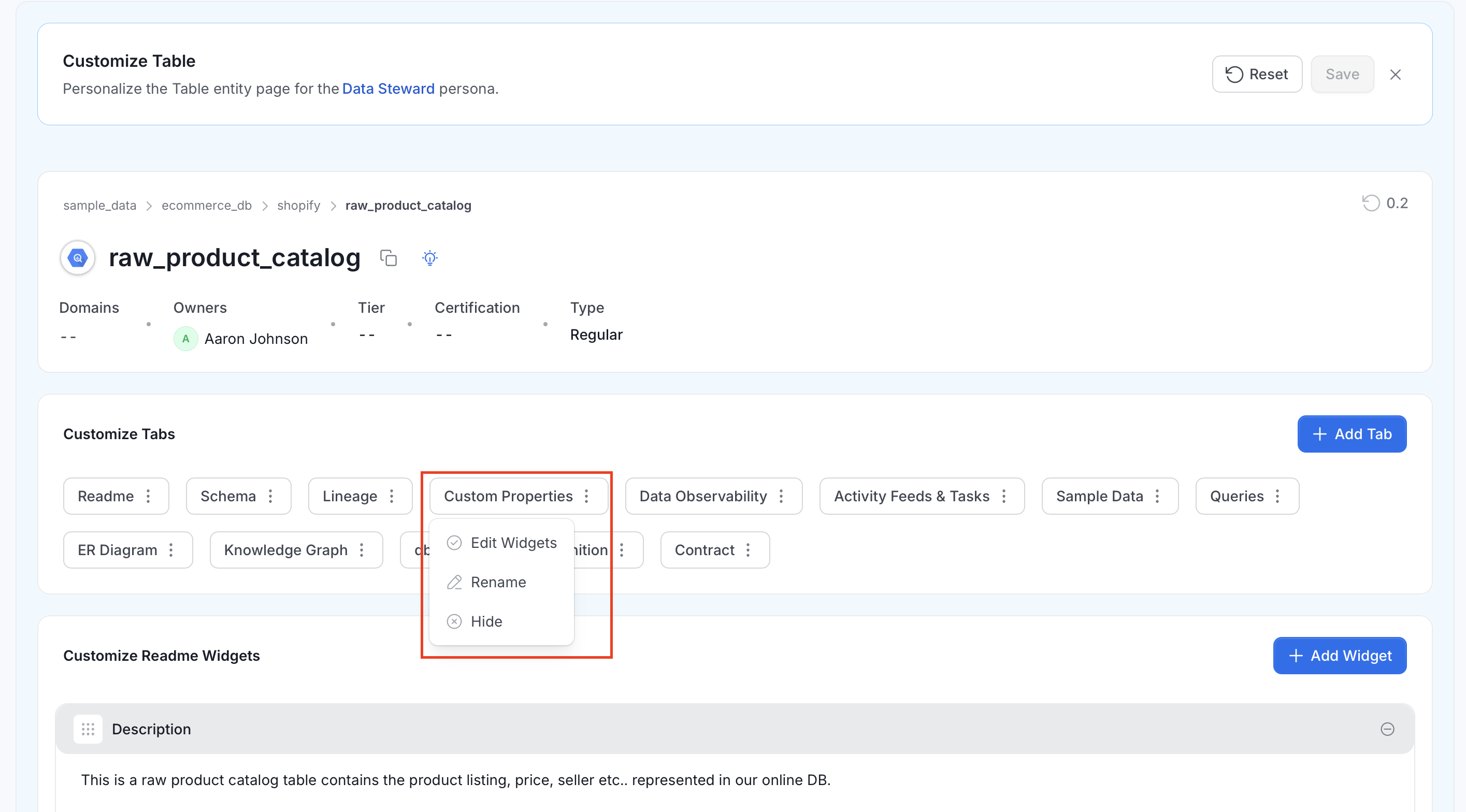 Customize Tabs with the menu open on the Custom Properties tab