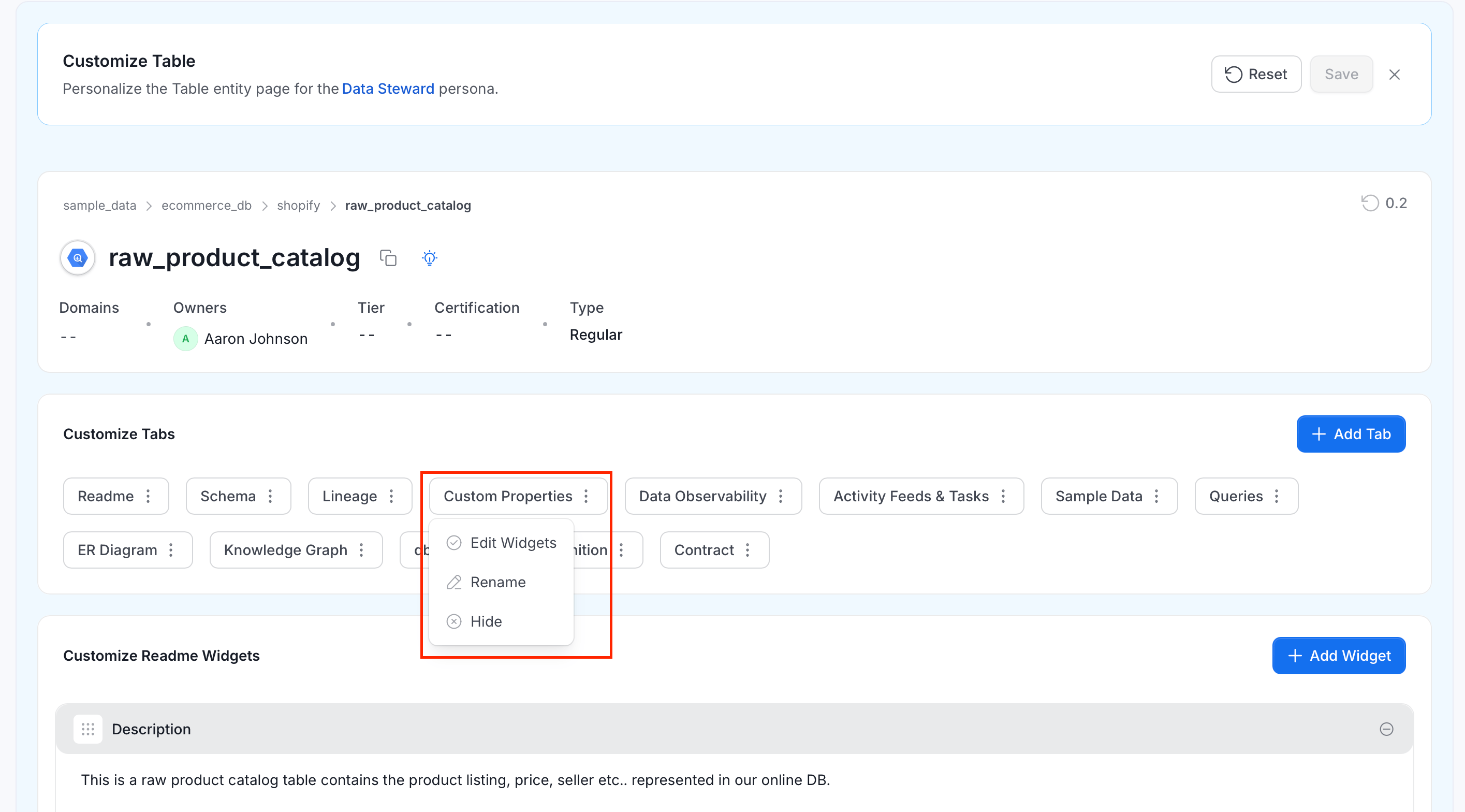 Customize Tabs with the menu open on the Custom Properties tab