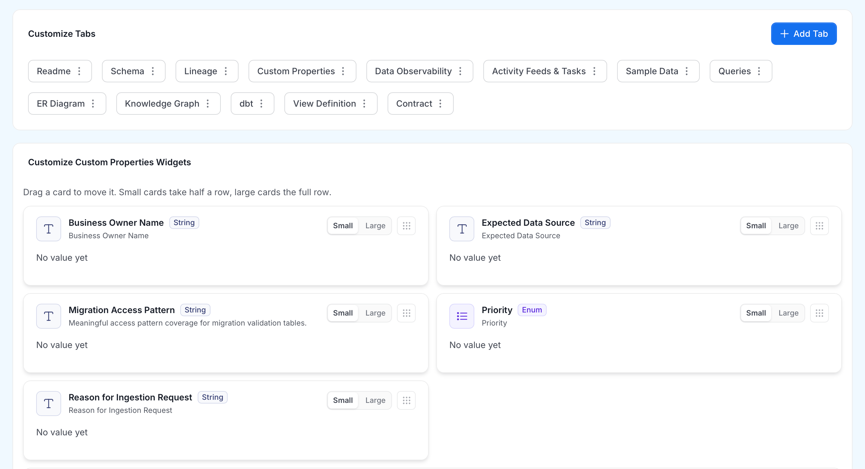 Customize Custom Properties Widgets with Small and Large size options and drag handles
