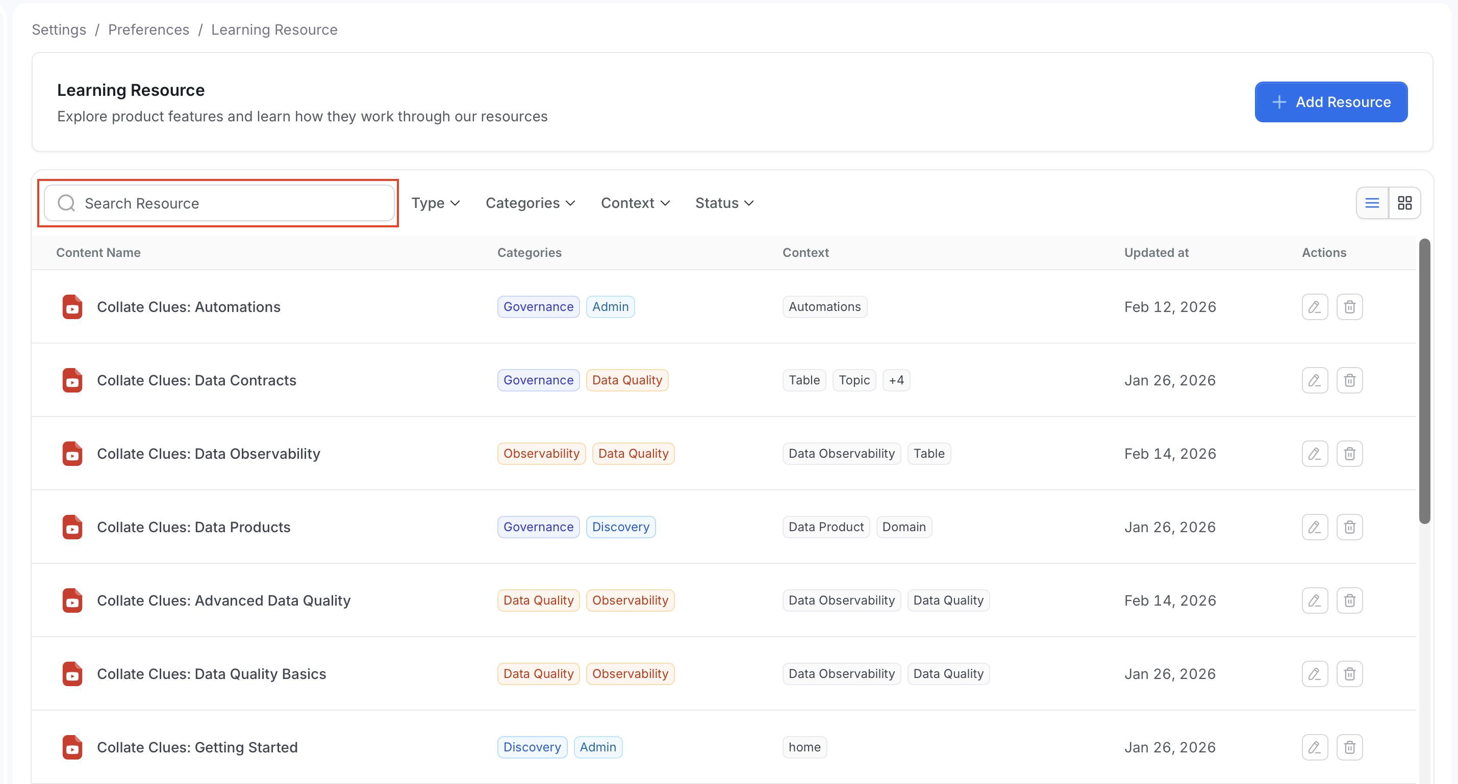 Search resources