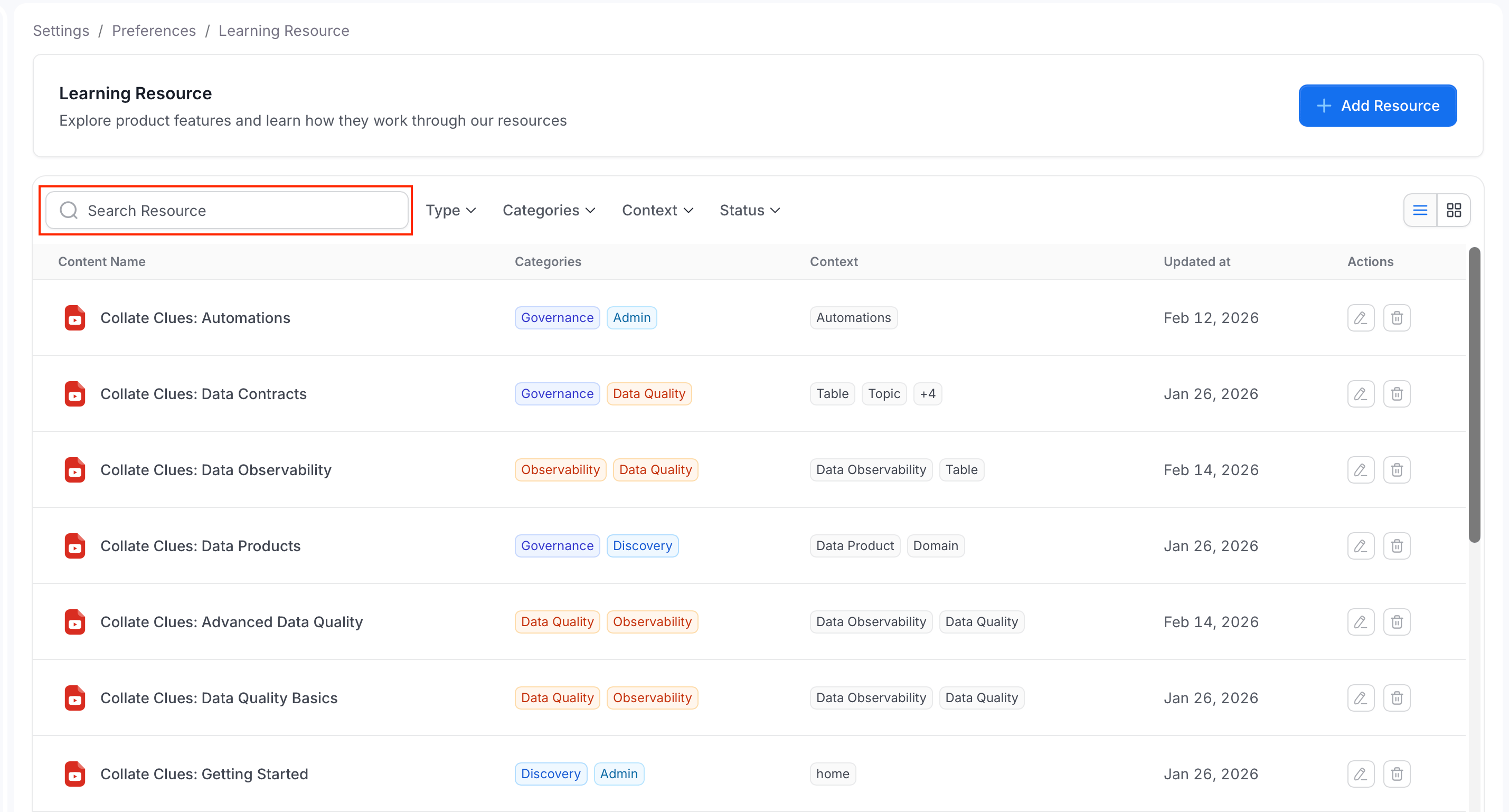 Search resources