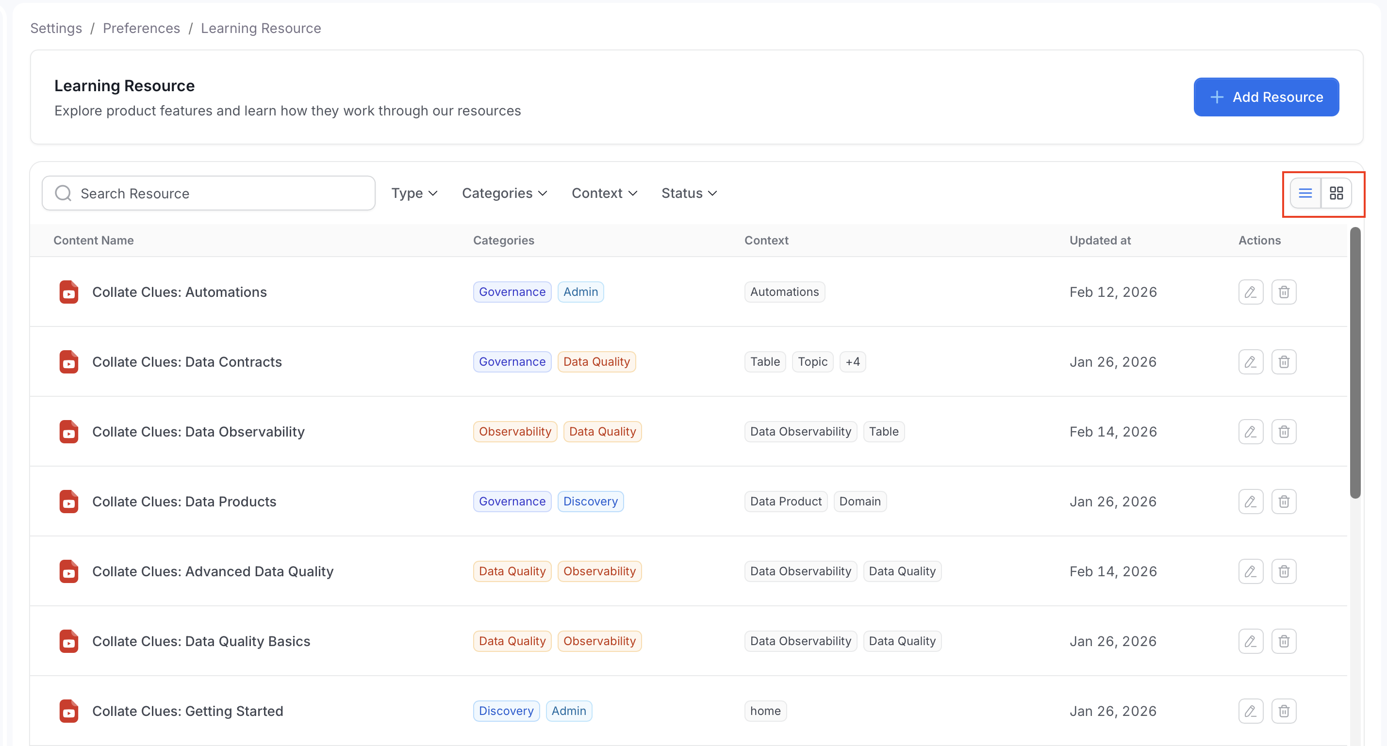 Table and card view toggle