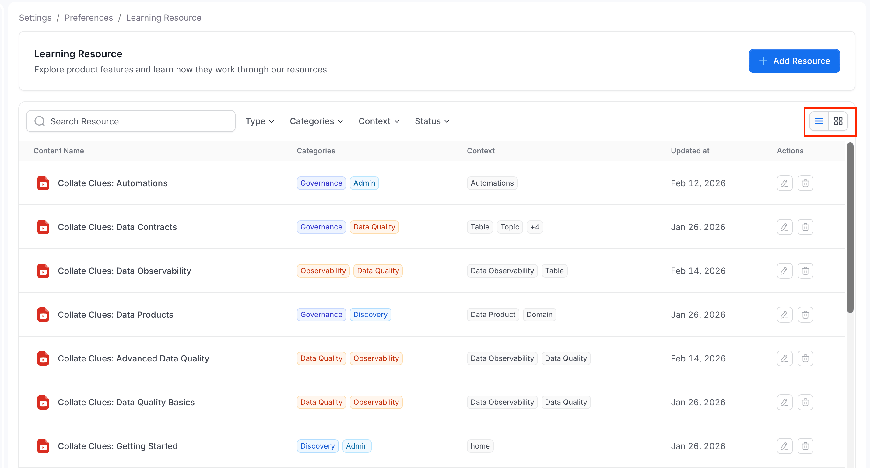 Table and card view toggle