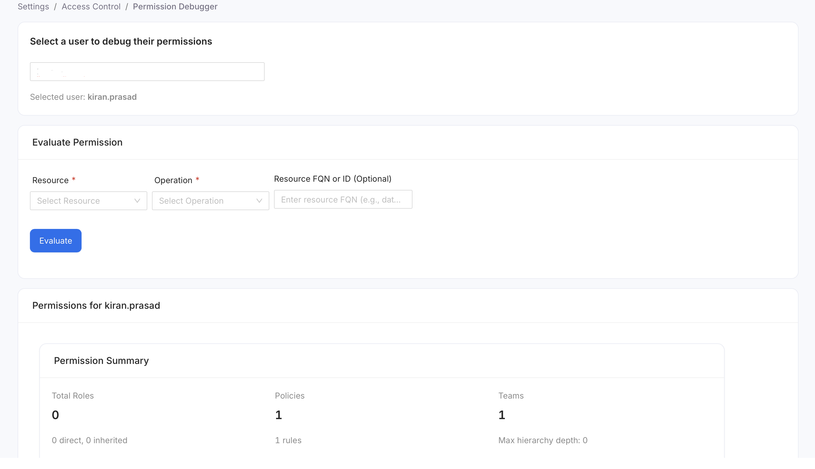 Select a User in Permission Debugger
