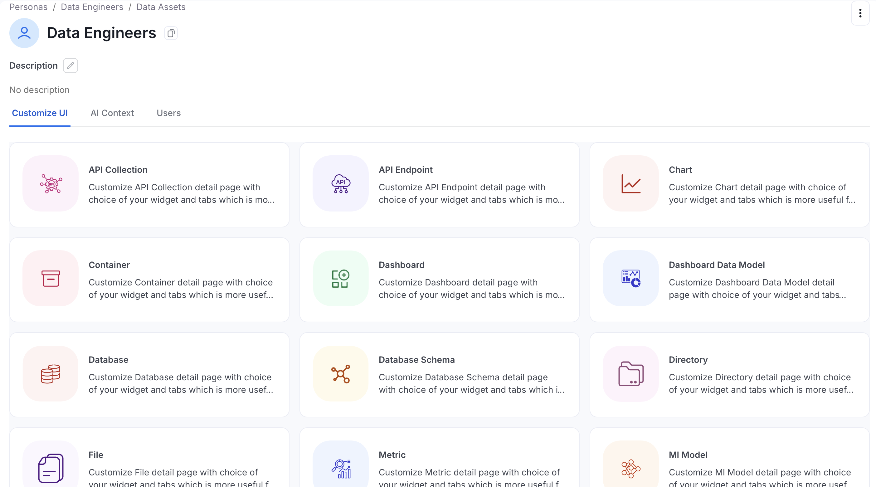 Data Assets customization — entity type selector