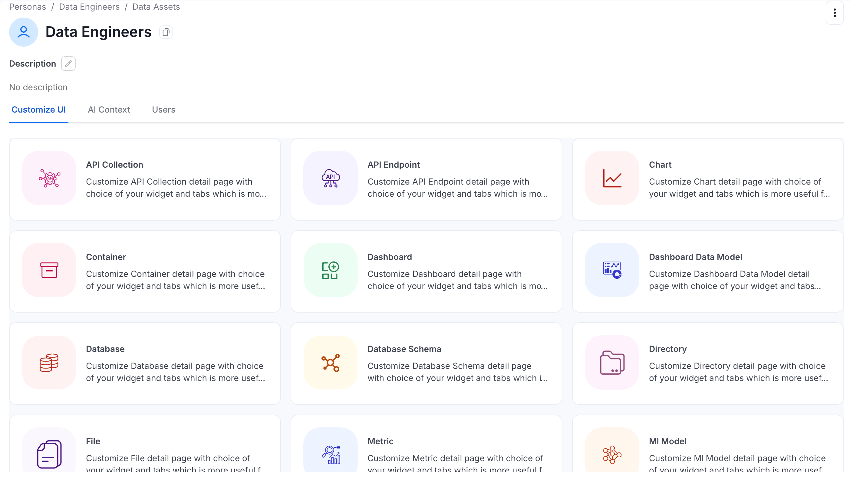 Data Assets customization — entity type selector