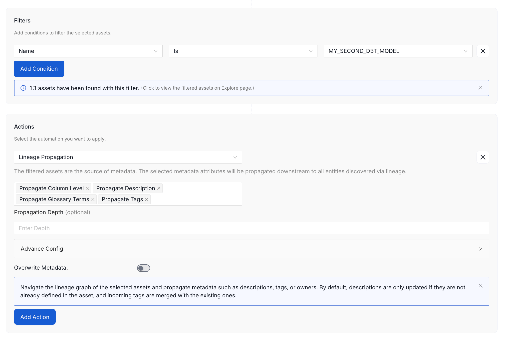 Default Lineage Propagation action configuration