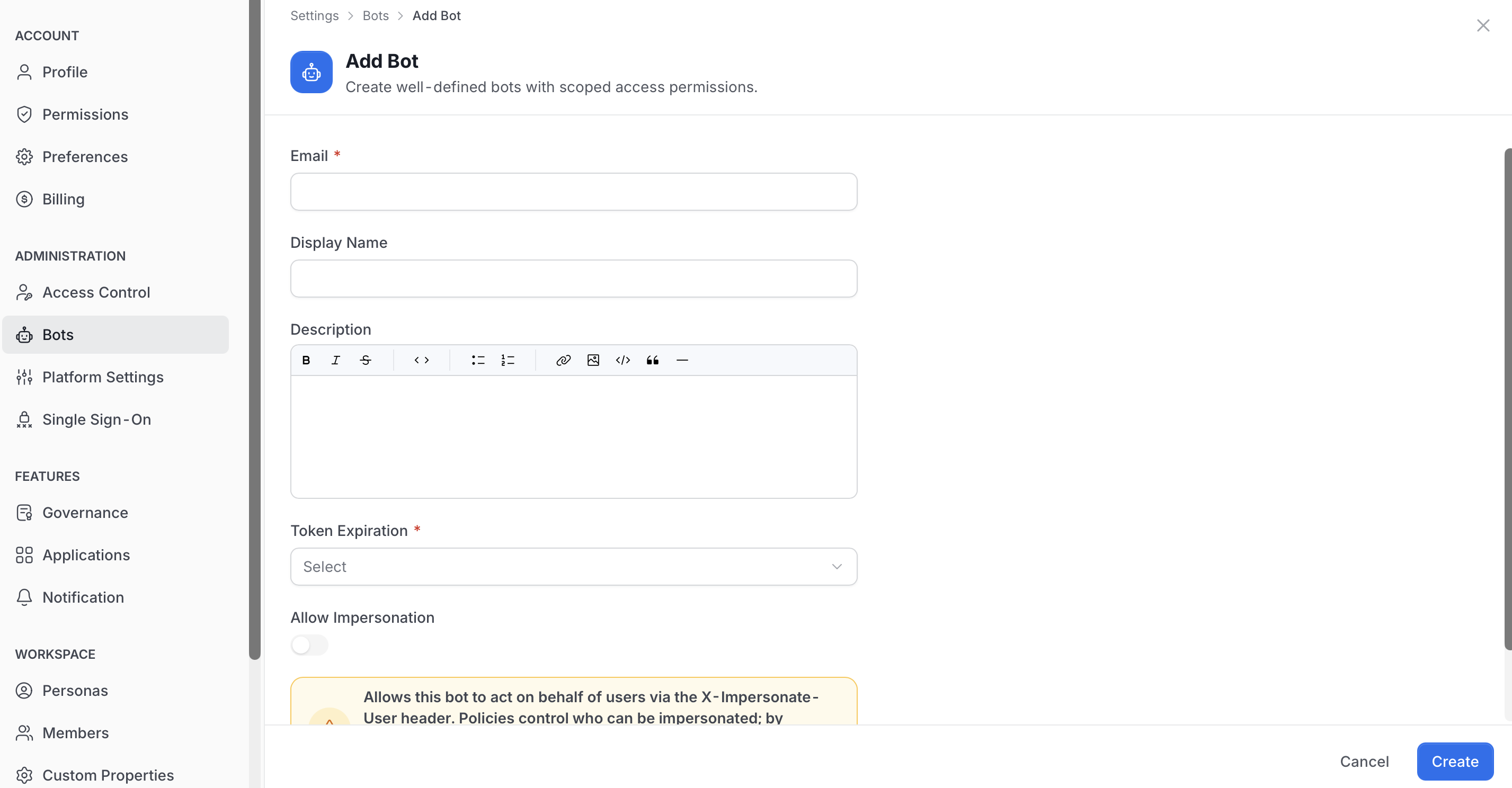 Add Bot form with Email, Display Name, Description, Token Expiration, and Allow Impersonation