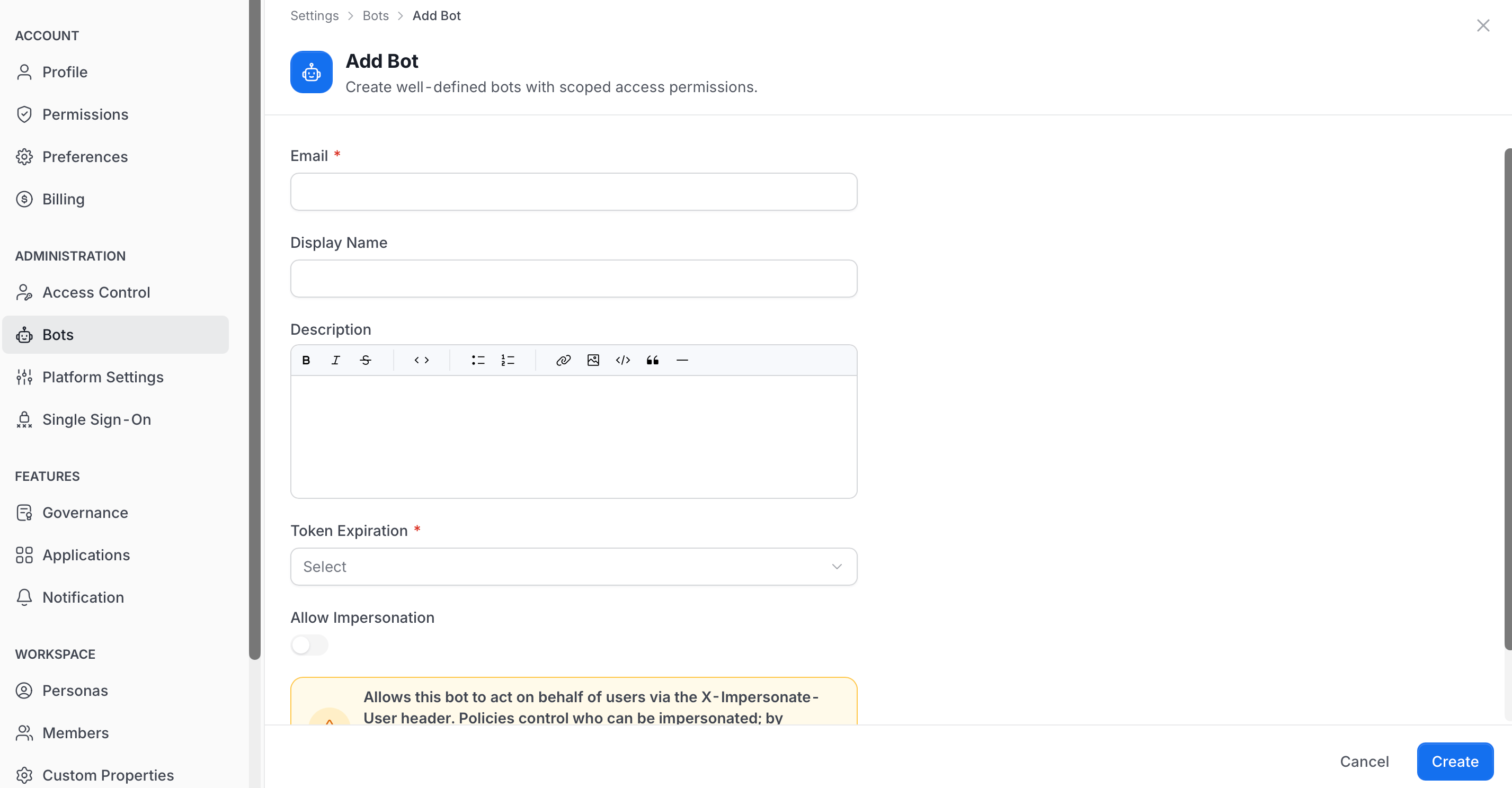 Add Bot form with Email, Display Name, Description, Token Expiration, and Allow Impersonation