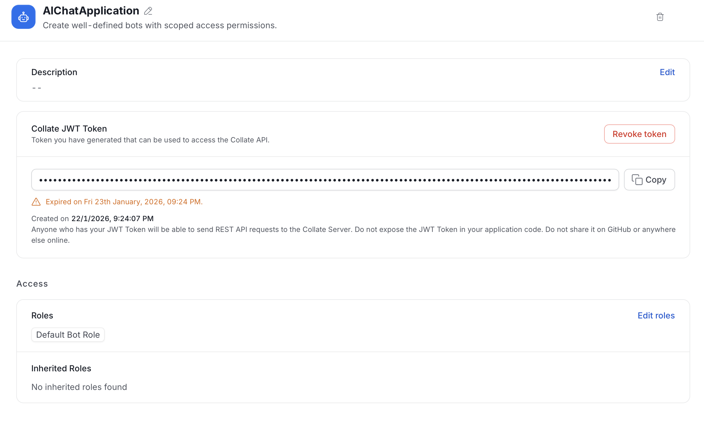 Bot details with description, JWT token, and roles