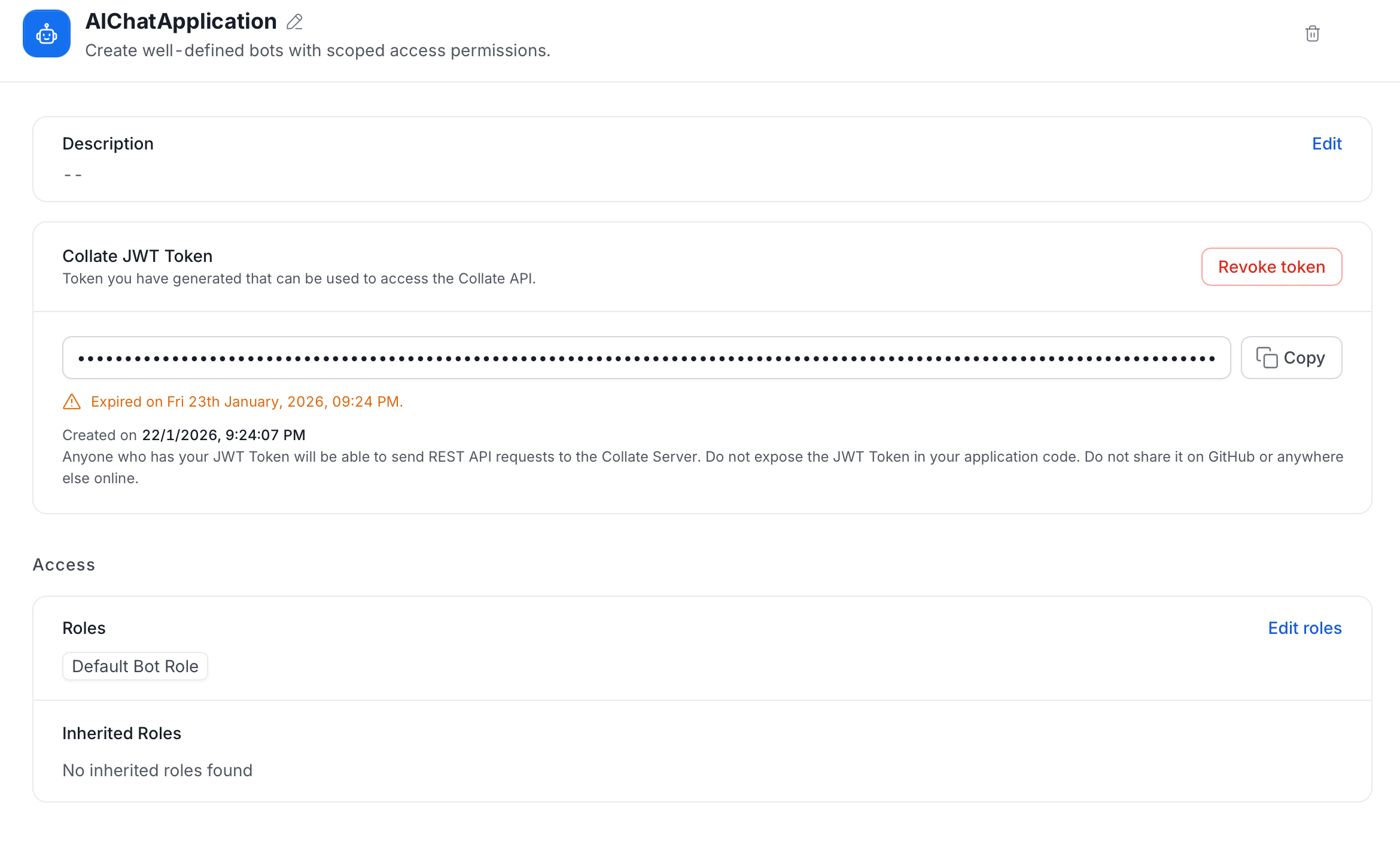 Bot details with description, JWT token, and roles