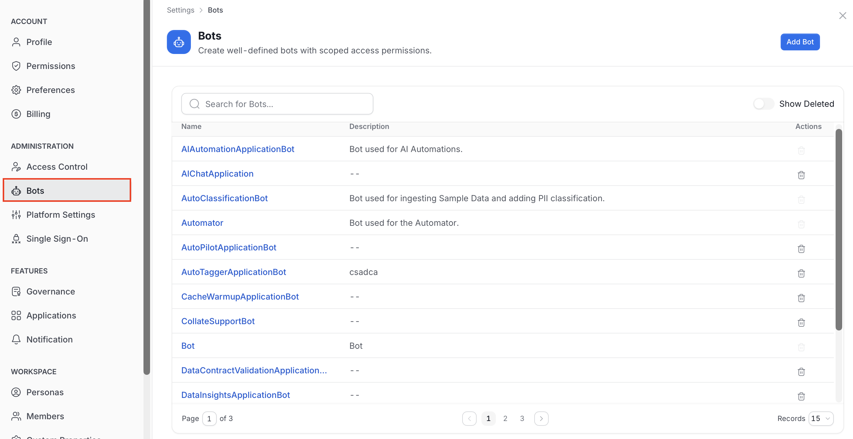 Bots list in the Profile page