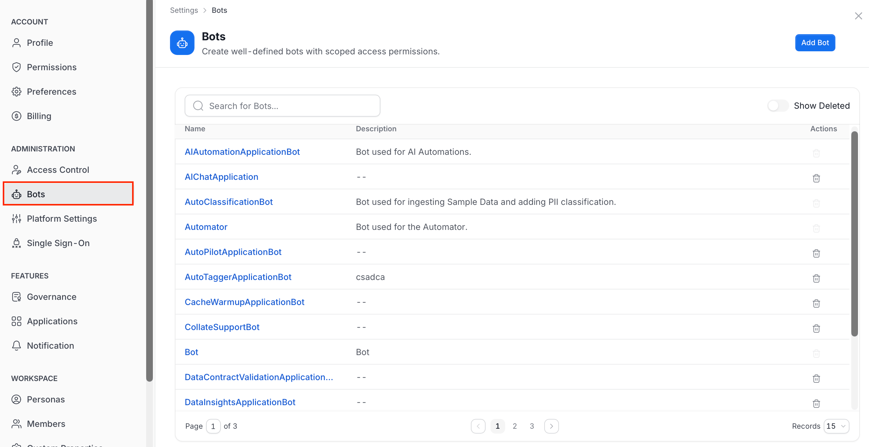 Bots list in the Profile page