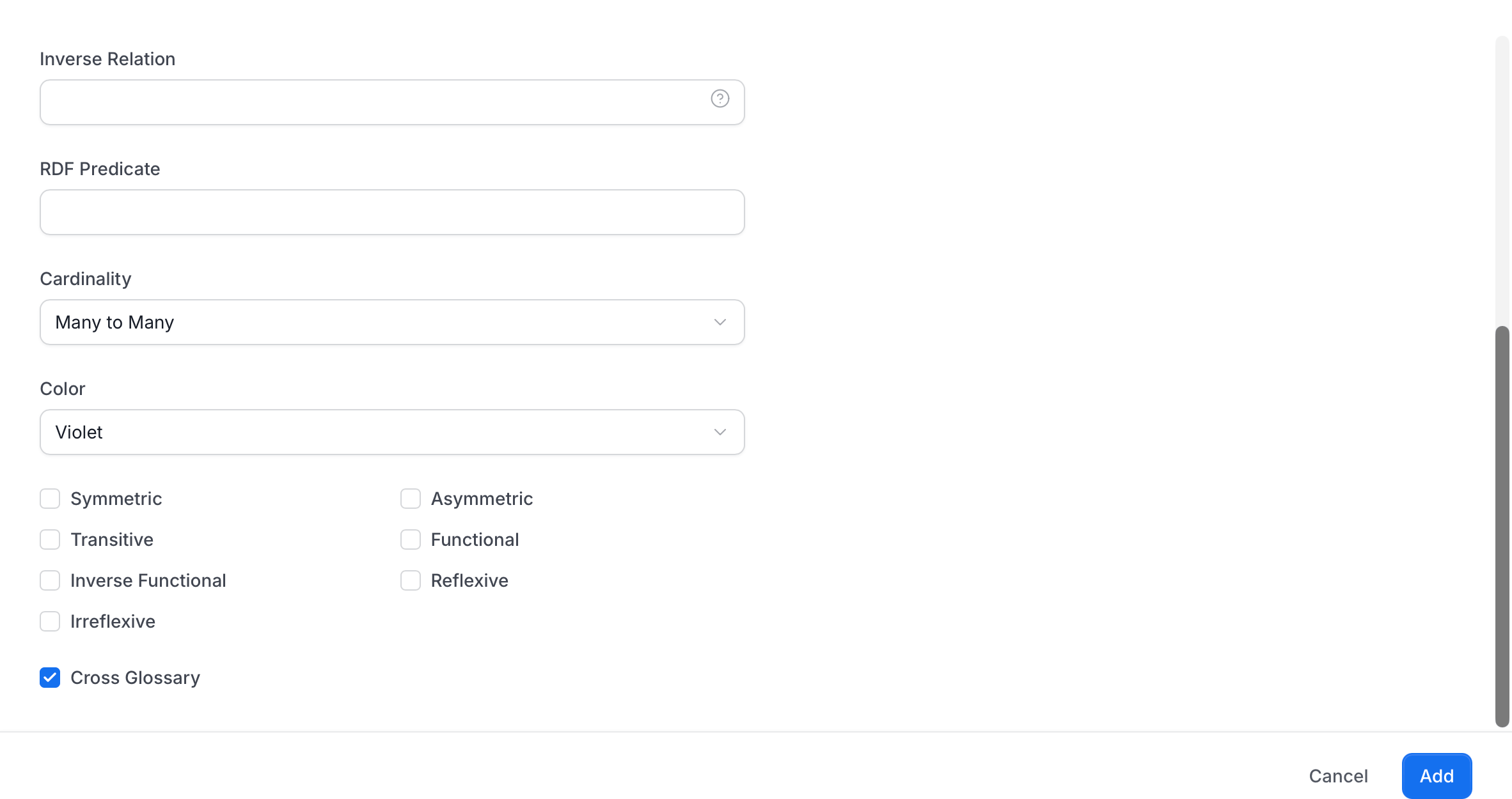 Add Relation Type form with Cardinality, Color, characteristics, and Cross Glossary options