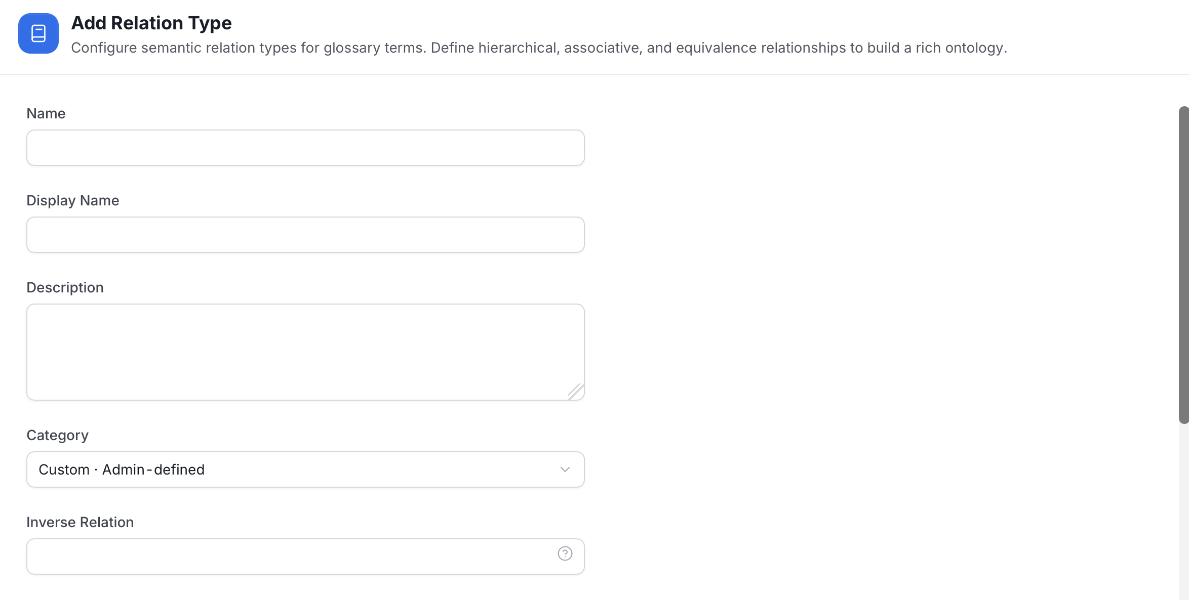Add Relation Type form with Name, Display Name, Description, Category, and Inverse Relation
