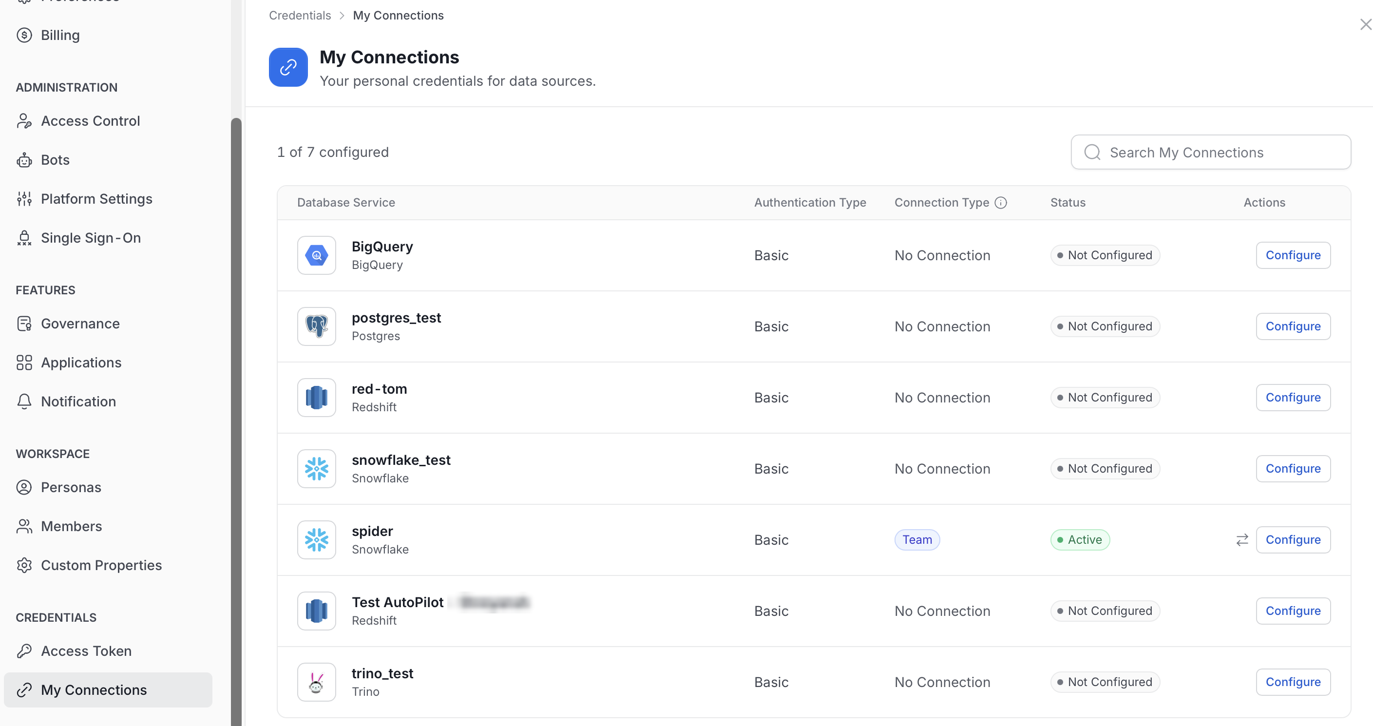 My Connections list showing database services, authentication type, connection type, status, and actions