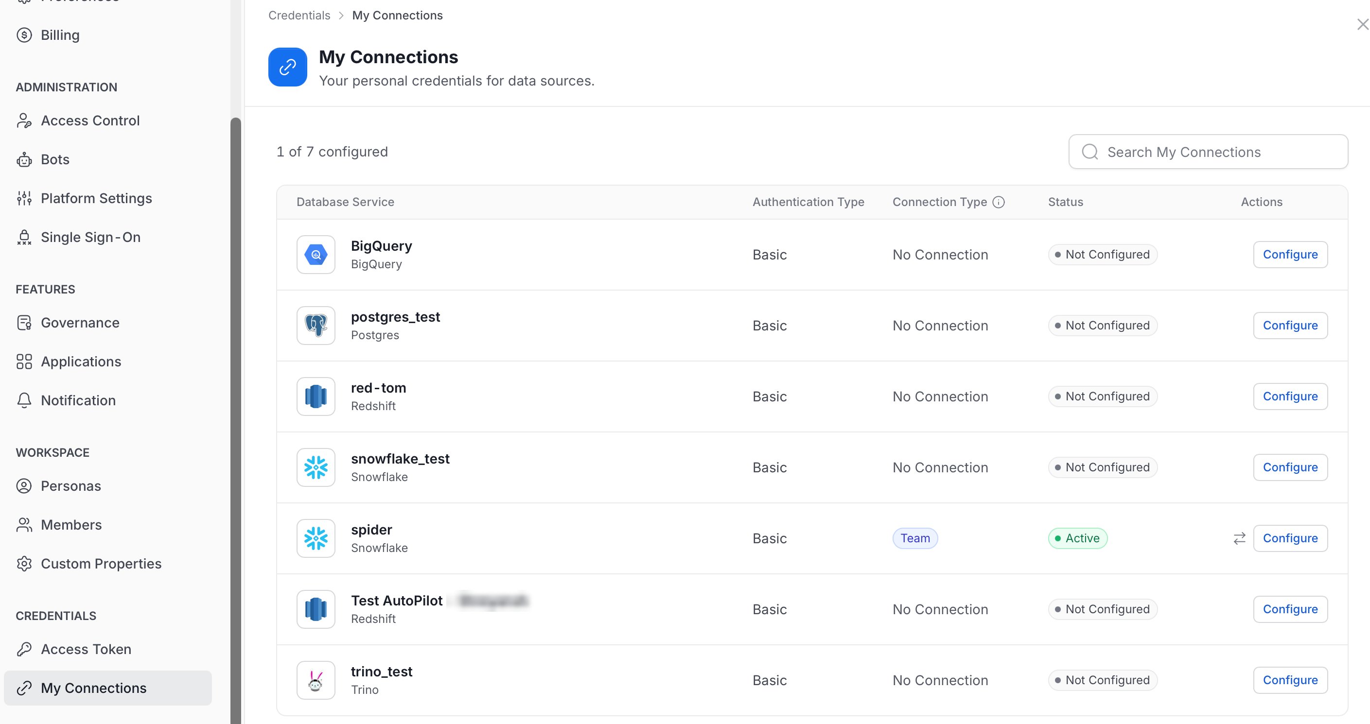 My Connections list showing database services, authentication type, connection type, status, and actions