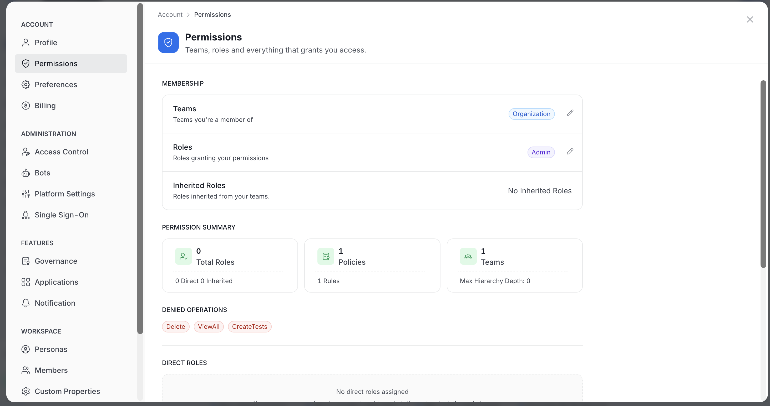 Permissions section of the Profile page