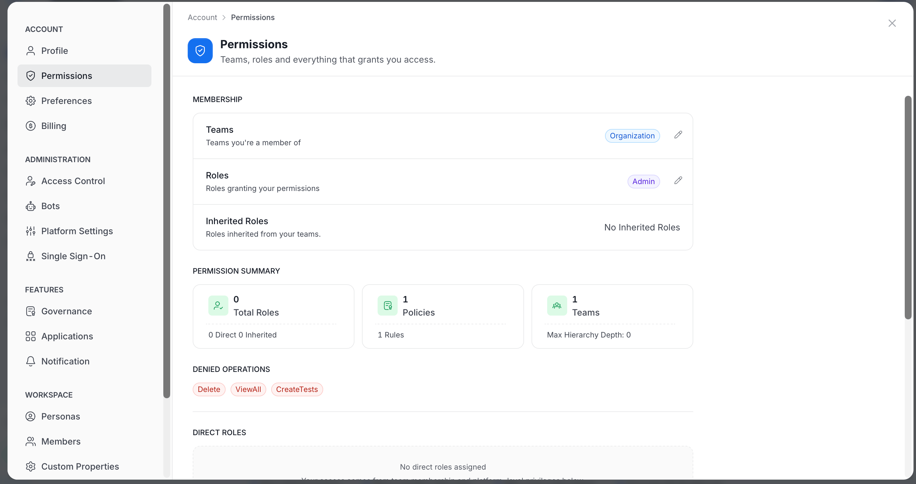 Permissions section of the Profile page