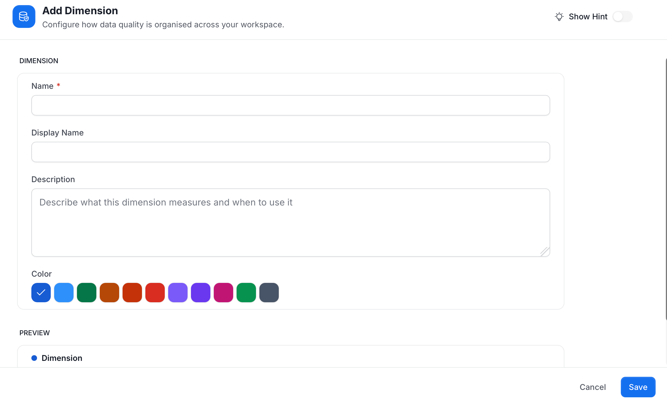 Add Dimension form with Name, Display Name, Description, and Color