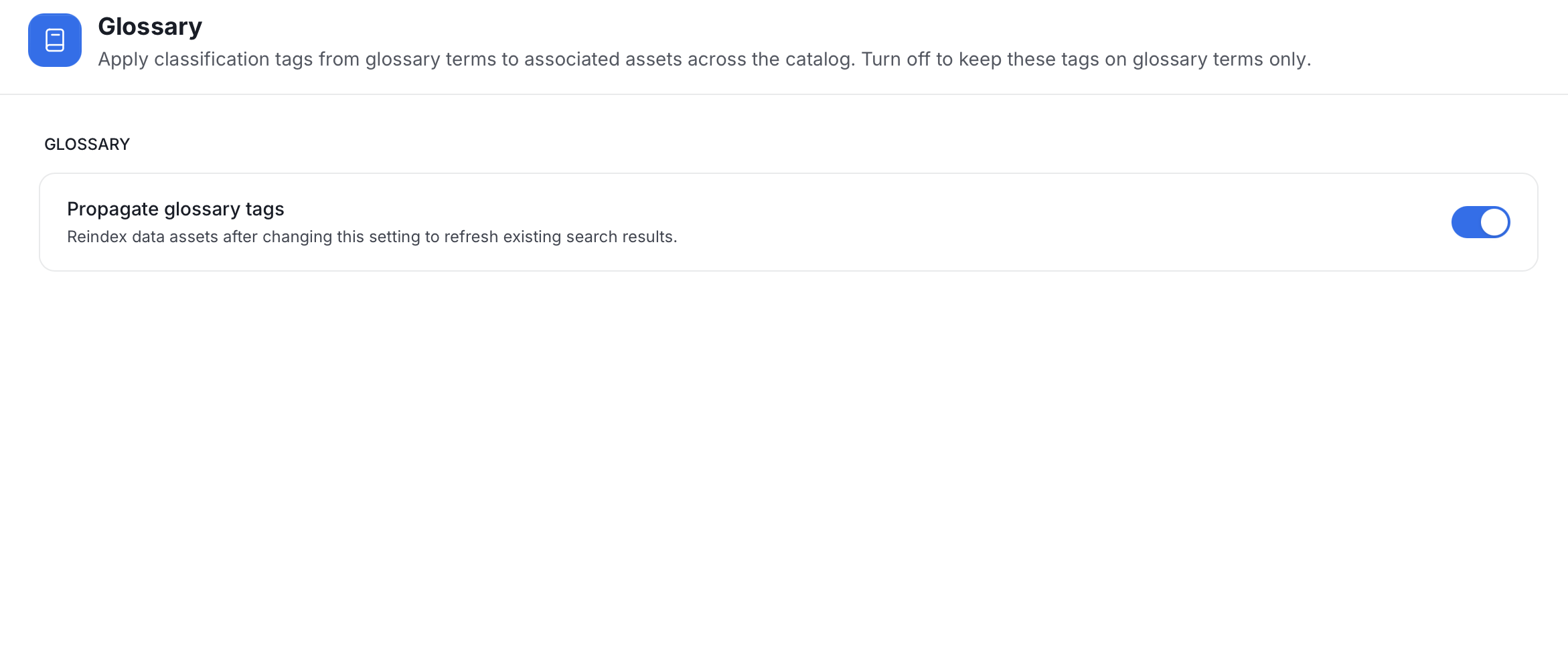 Glossary setting with the Propagate glossary tags toggle