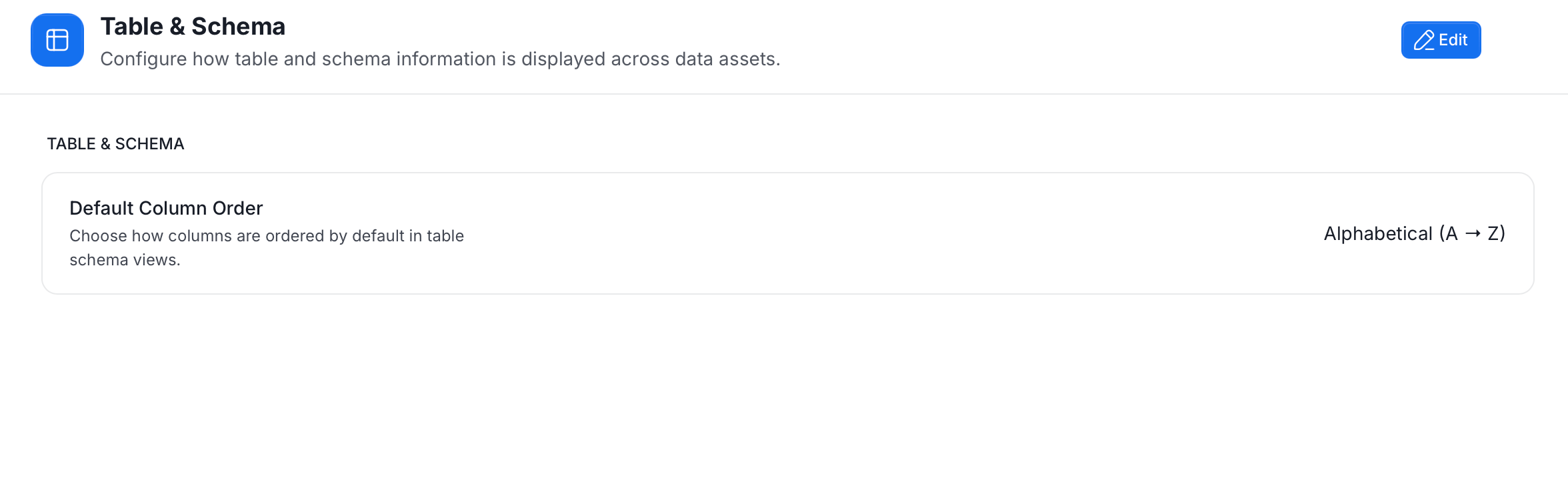 Table and Schema page showing the Default Column Order