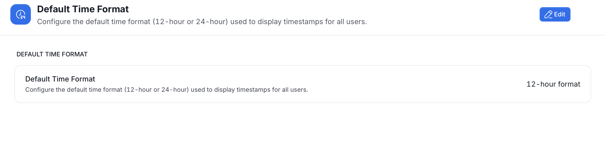 Default Time Format page showing the current format