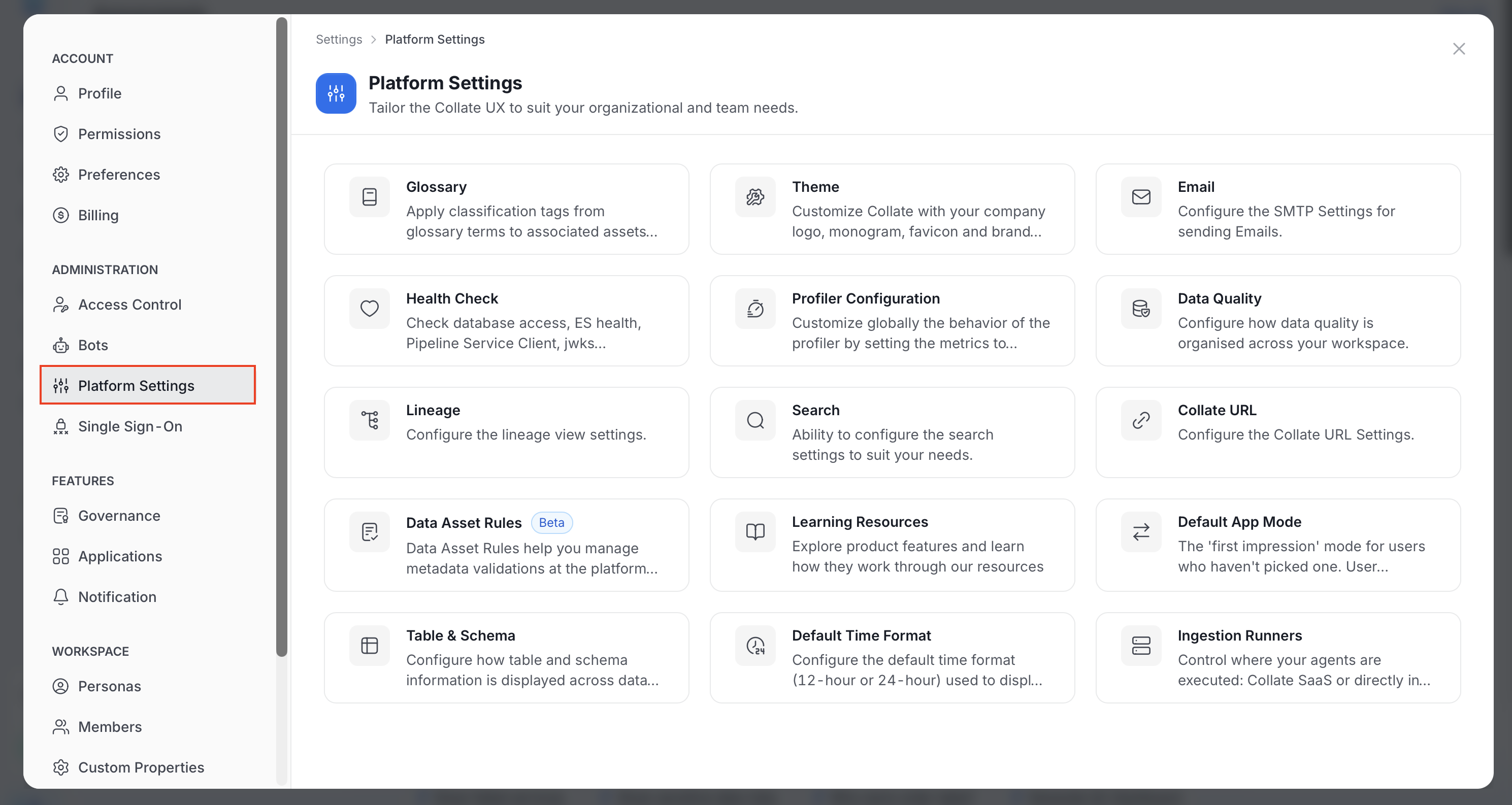 Platform Settings cards in the Profile page