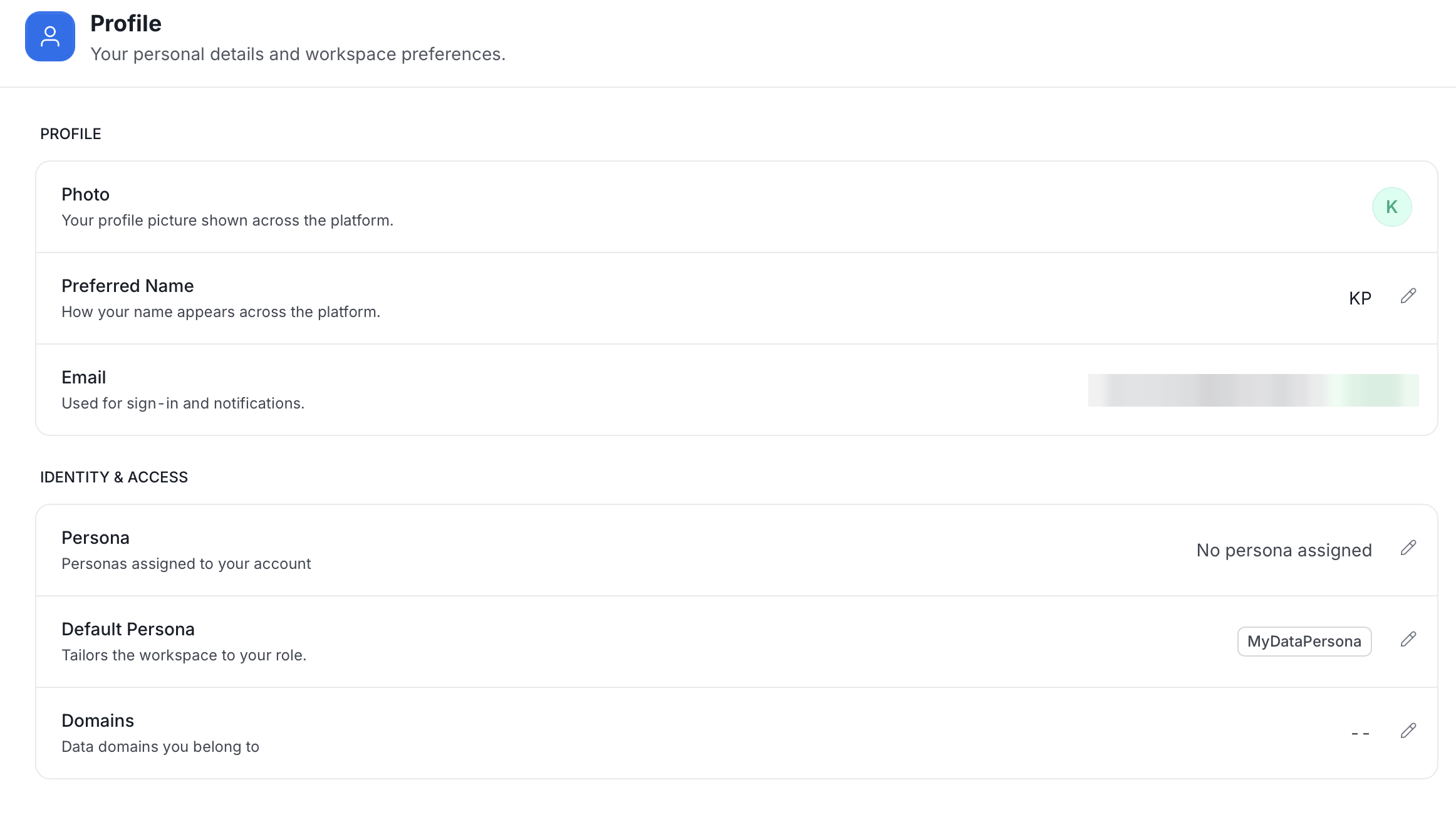 Profile section with Photo, Preferred Name, Email, Persona, Default Persona, and Domains