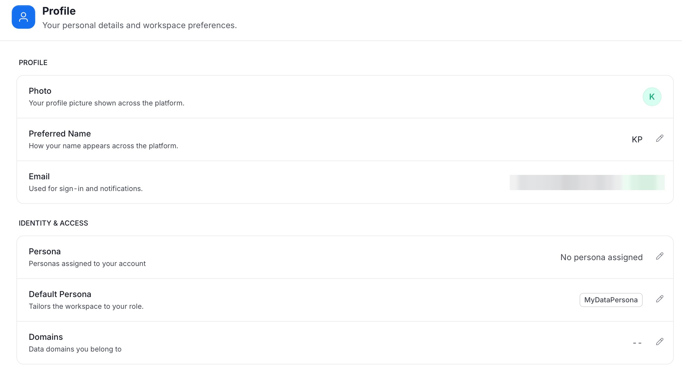 Profile section with Photo, Preferred Name, Email, Persona, Default Persona, and Domains