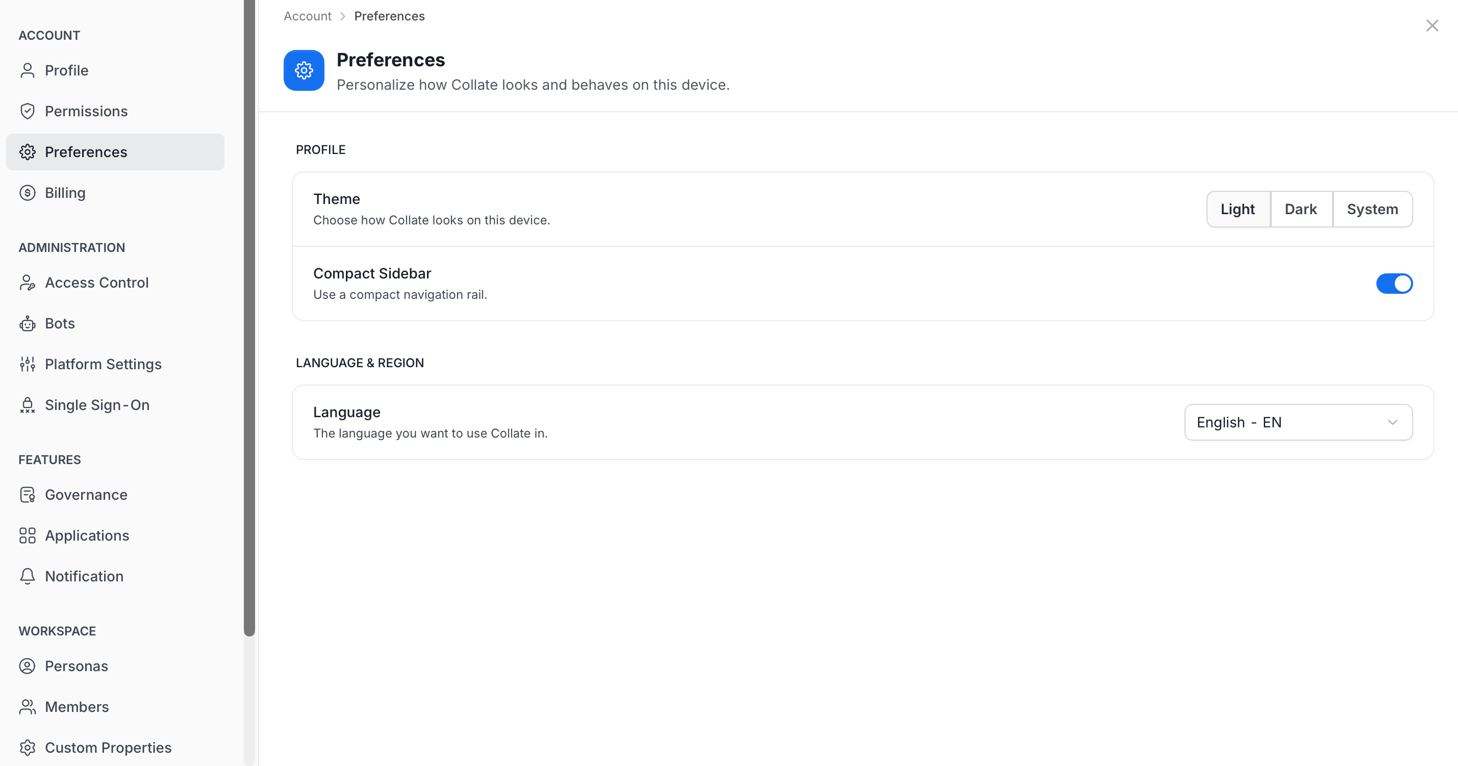 Preferences section of the Profile page with Theme, Compact Sidebar, and Language