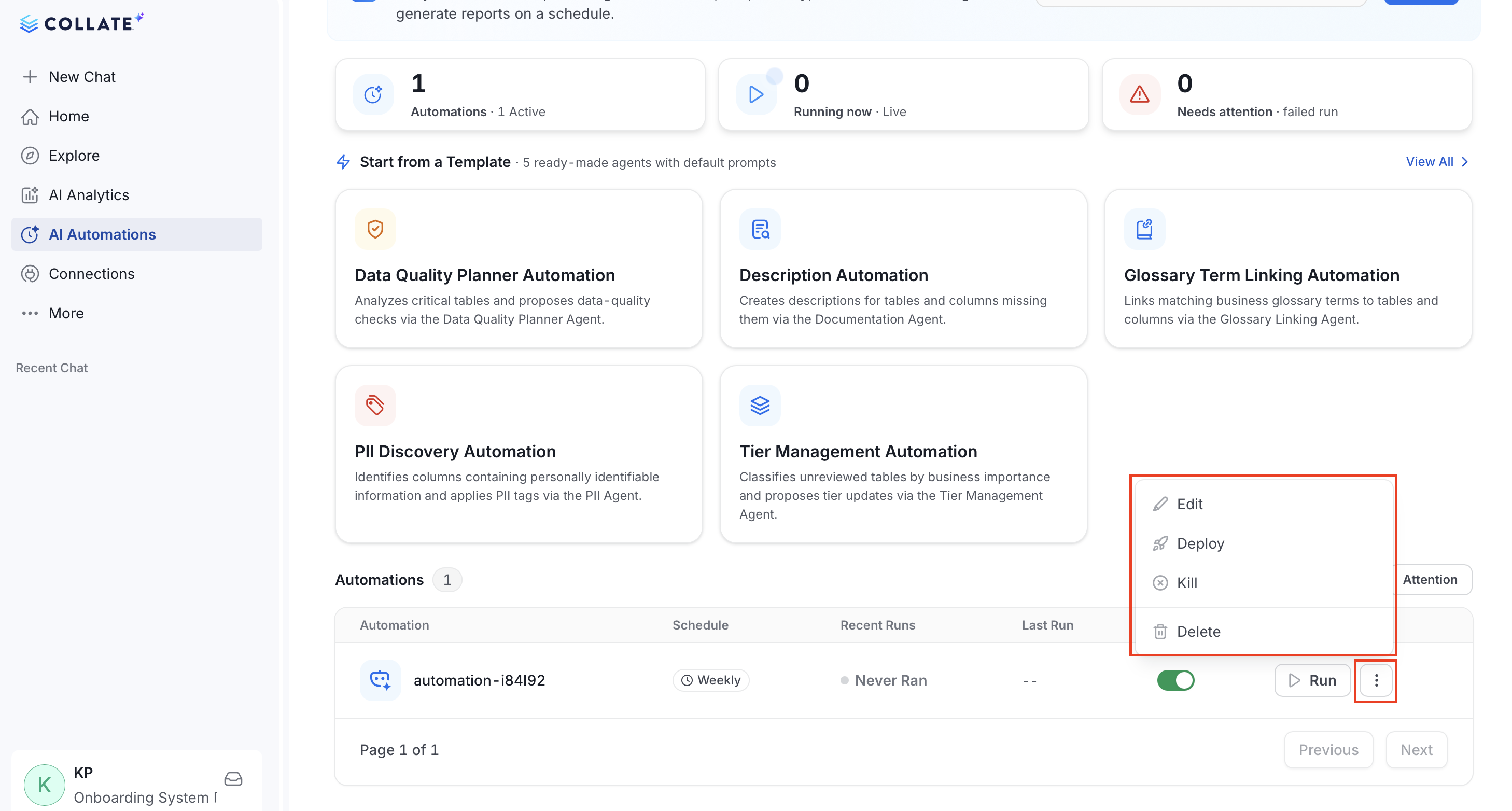 Manage an automation from the row actions menu