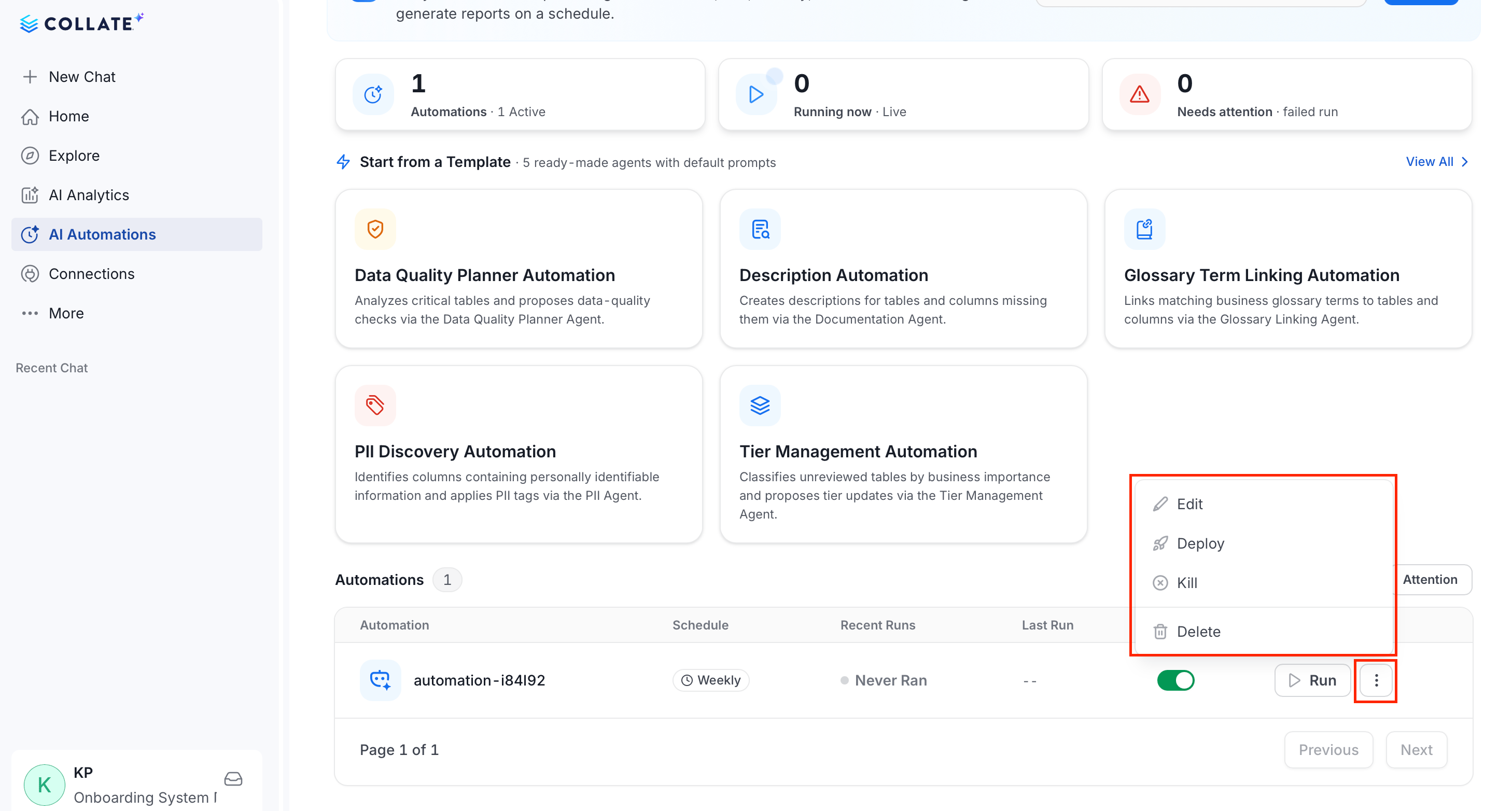 Manage an automation from the row actions menu