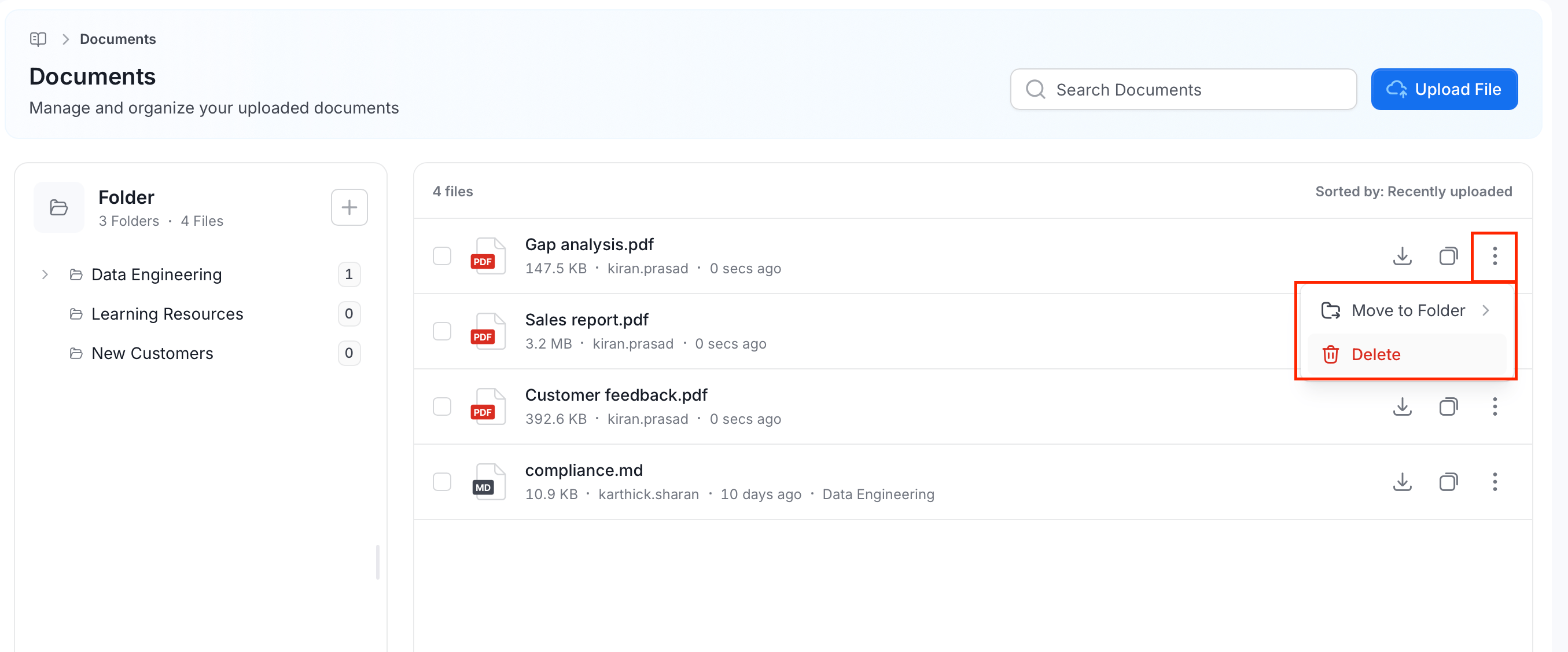 Manage a document from the file row menu