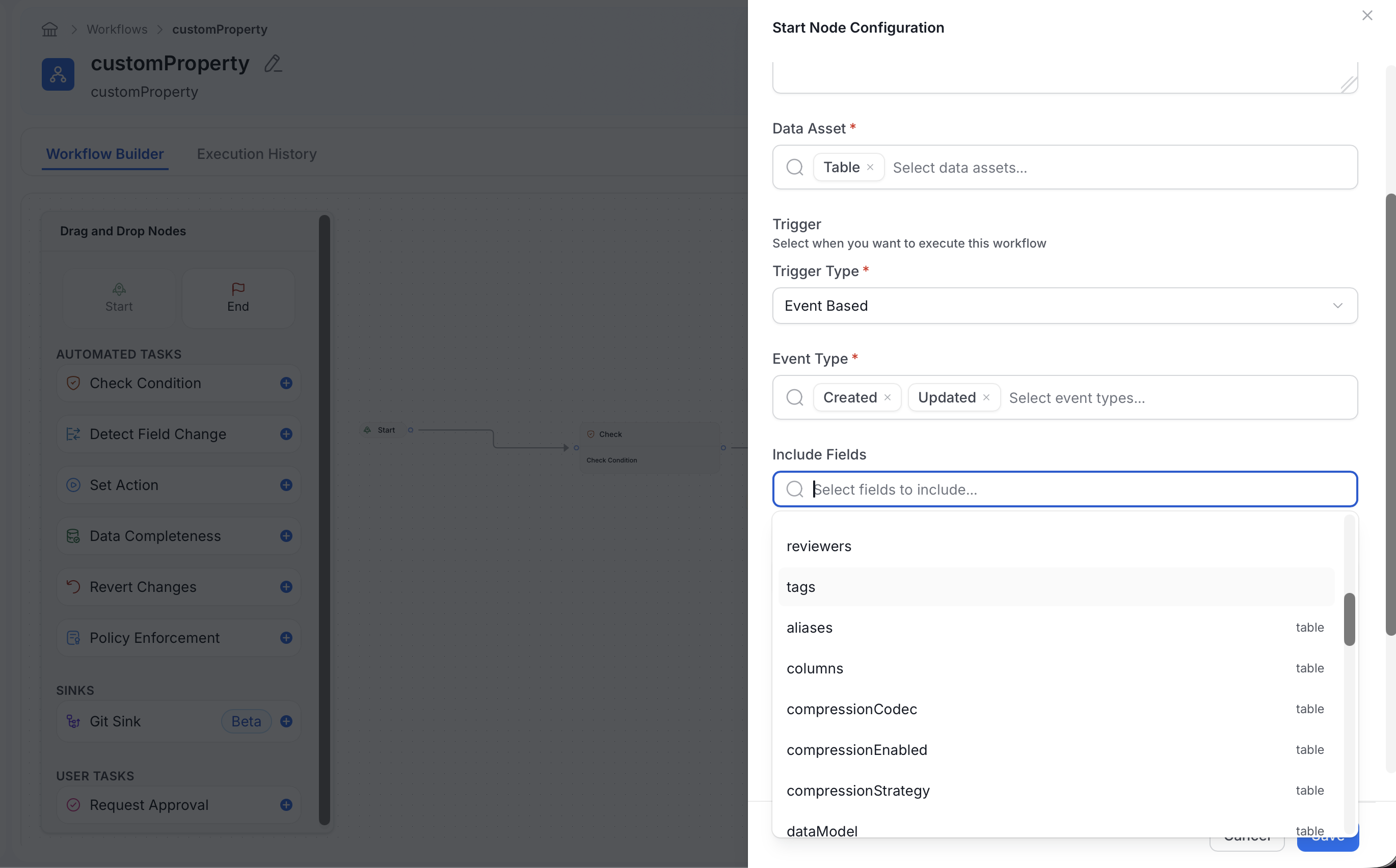 Include Fields list showing the columns field for a Table workflow trigger