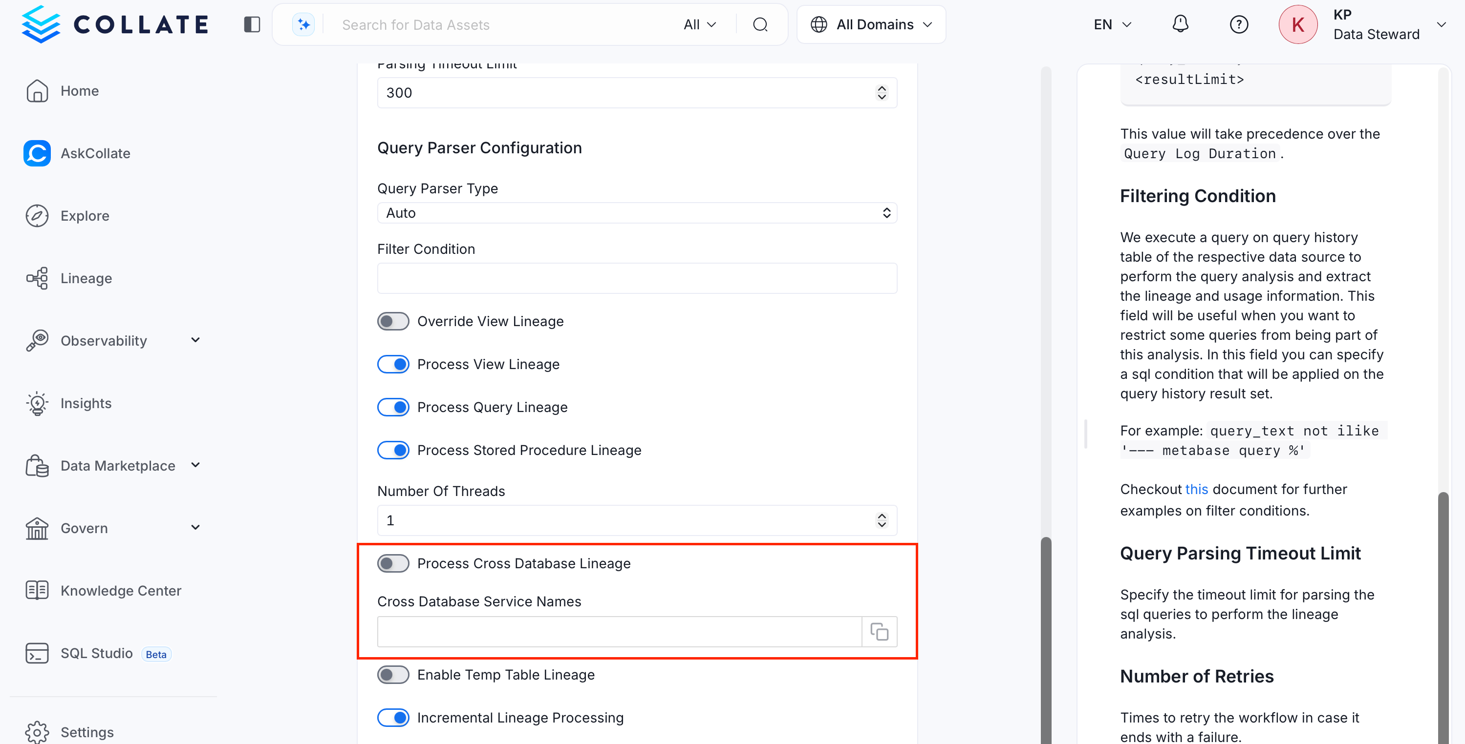 Configure Cross Database Lineage Options