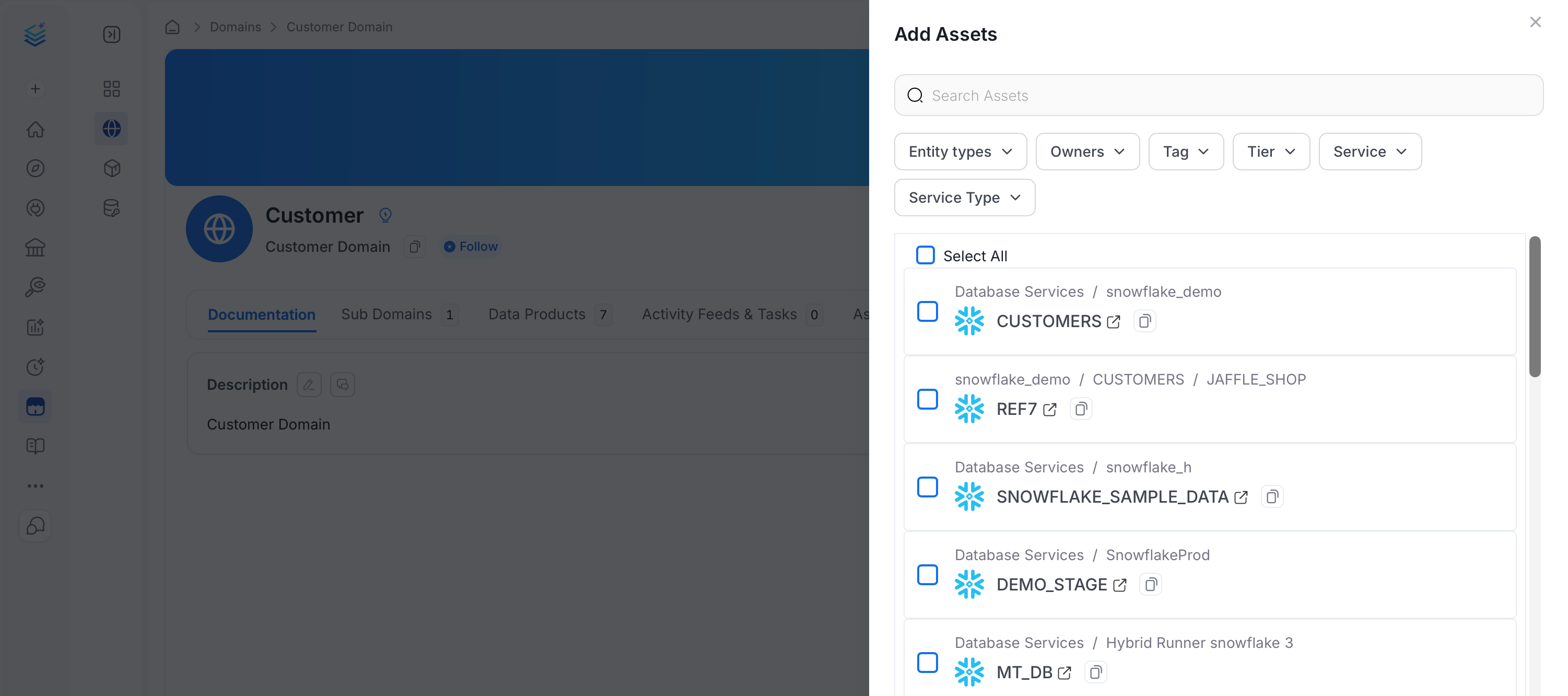 Add Assets panel on a domain, with search and filters