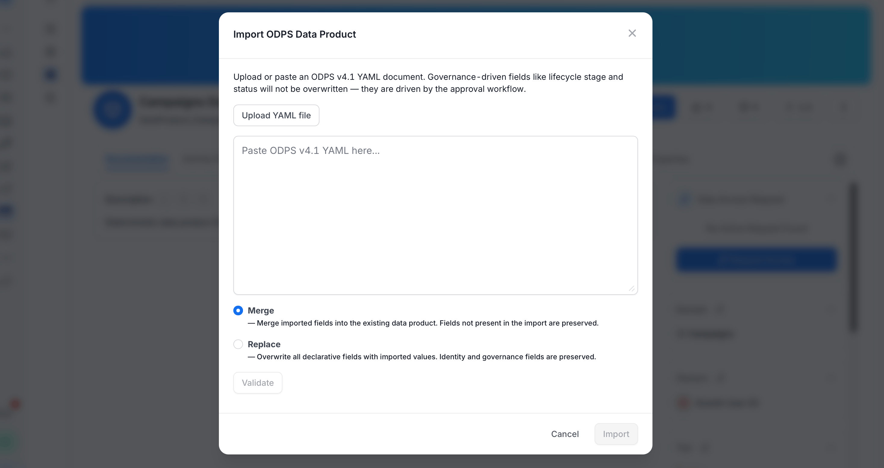 Import from ODPS dialog