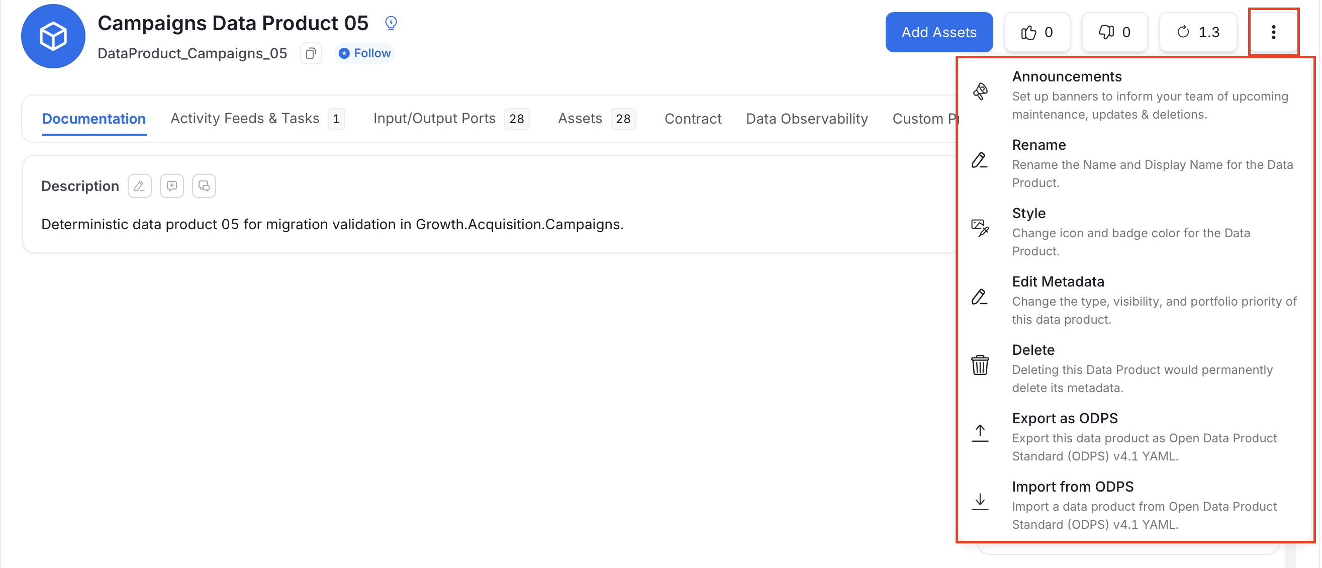 Data product more actions menu
