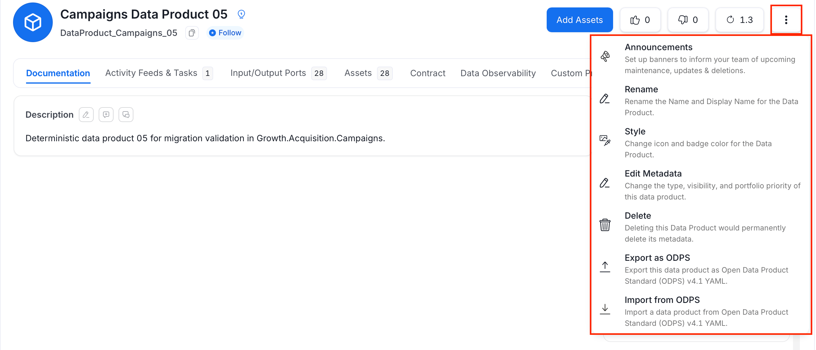 Data product more actions menu