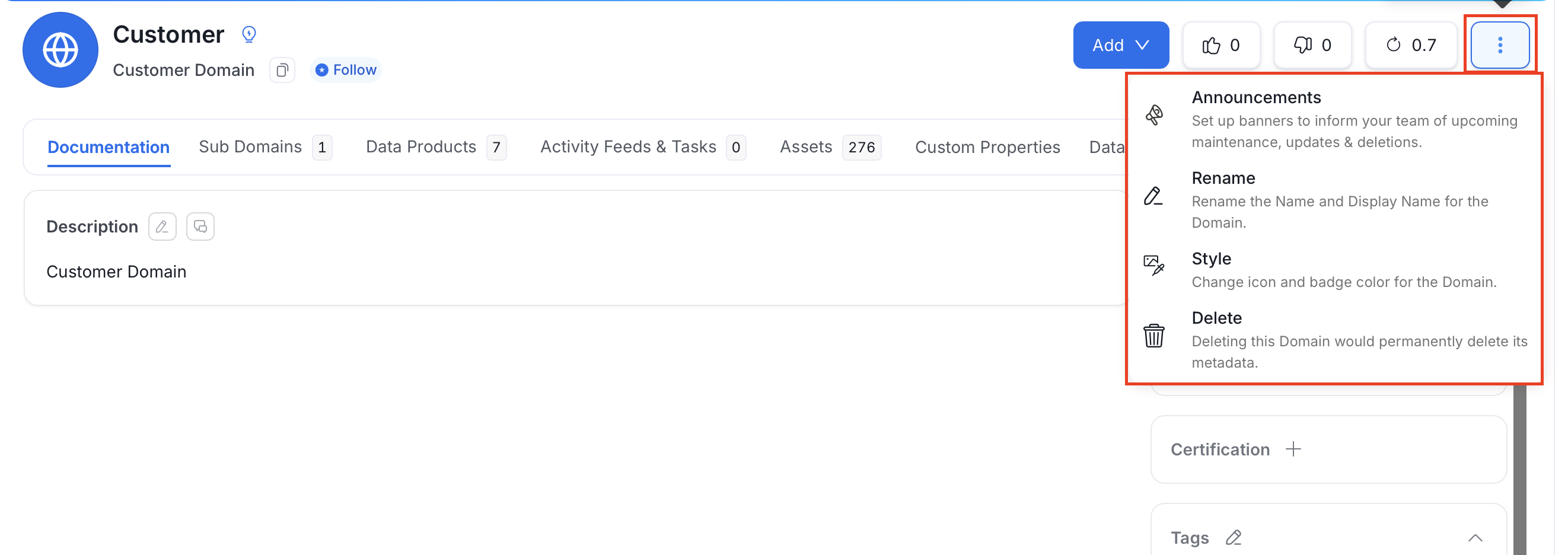 Domain more actions menu with Announcements, Rename, Style, and Delete