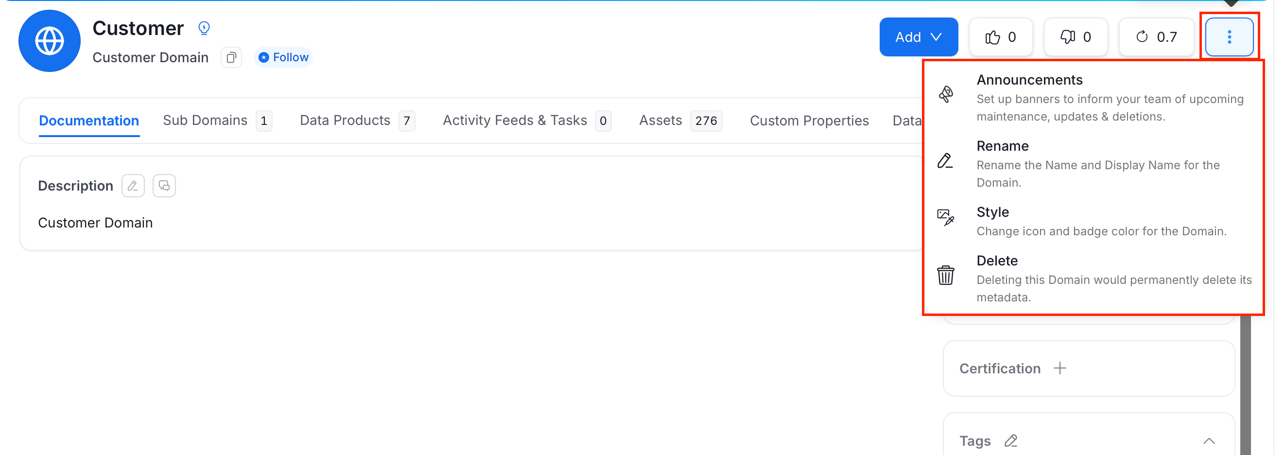 Domain more actions menu with Announcements, Rename, Style, and Delete