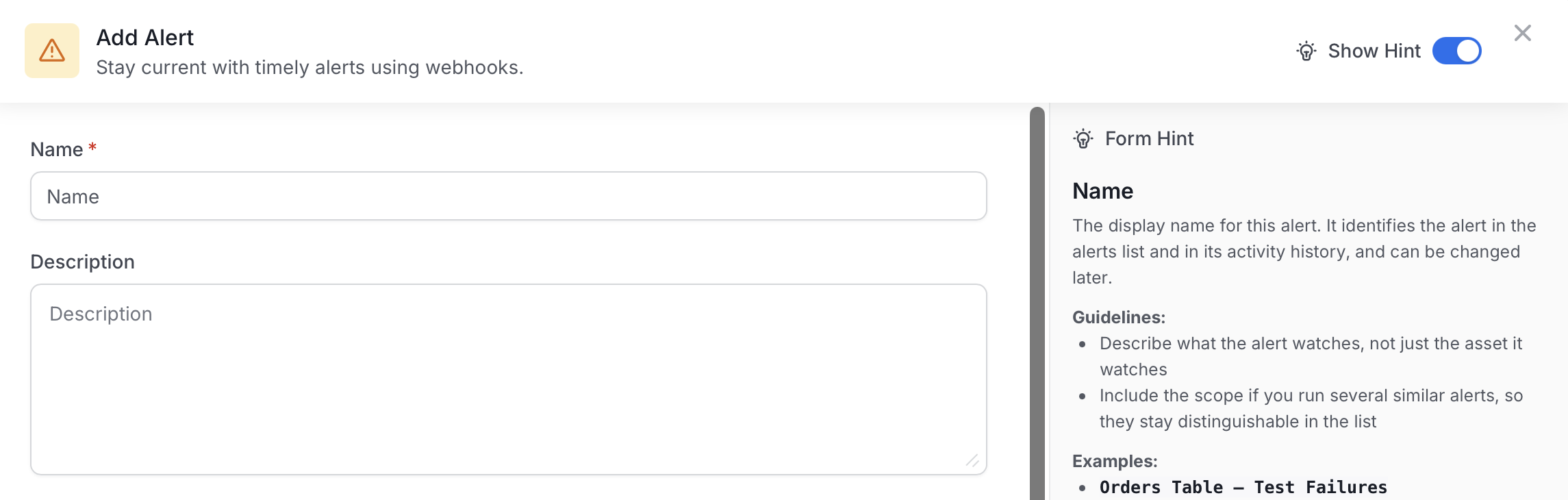 Input fields for Alert Name and Description